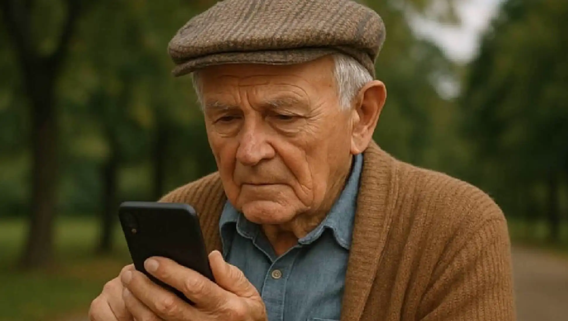 An old man looking at a cell phone.
