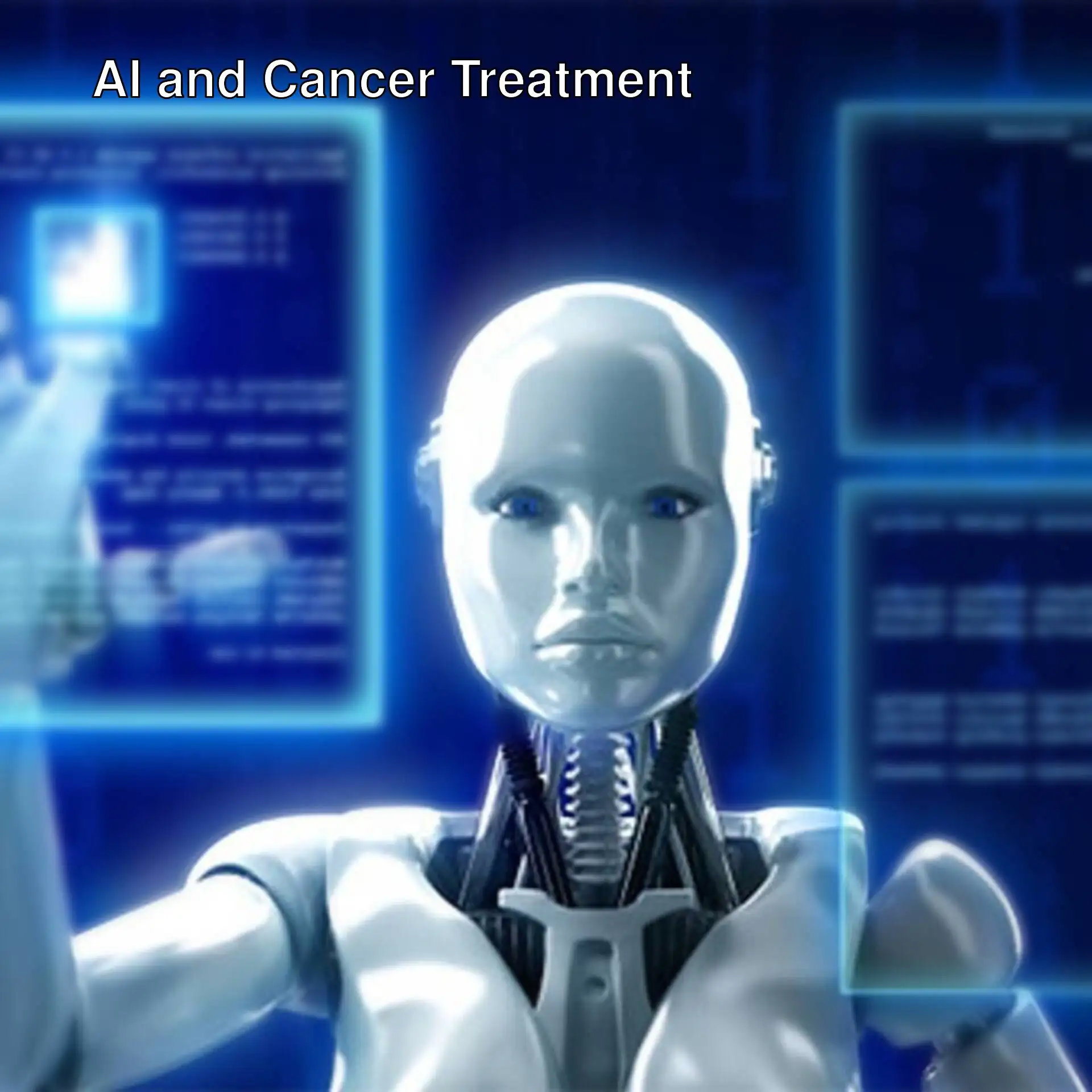 A robot touching a screen related to AI.