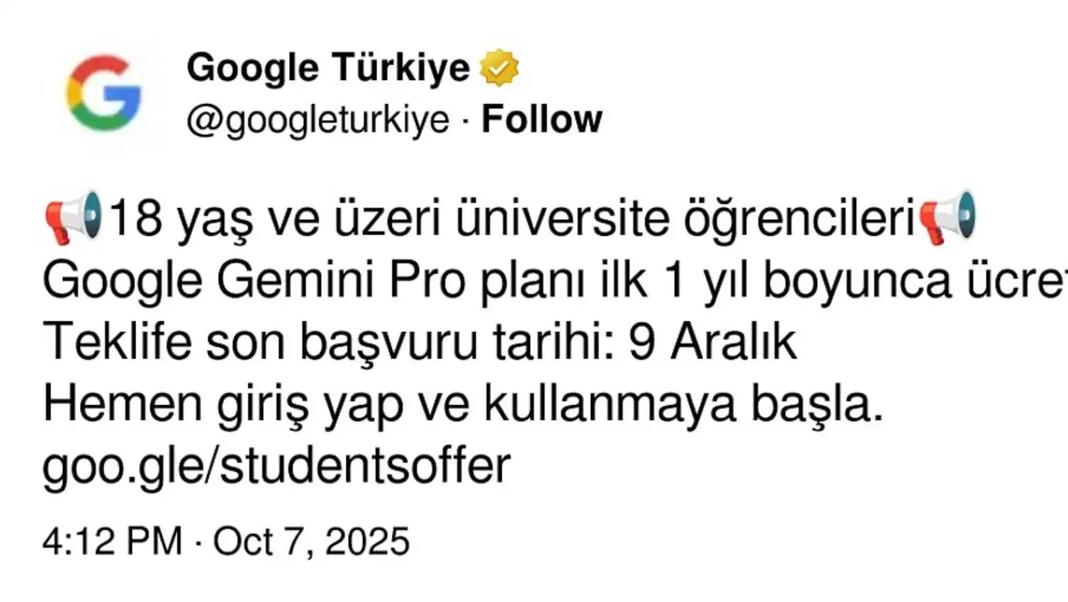 Google AI Pro paketi hakkında sosyal medya paylaşımı. Google AI Pro paketi hakkında sosyal medya paylaşımı.