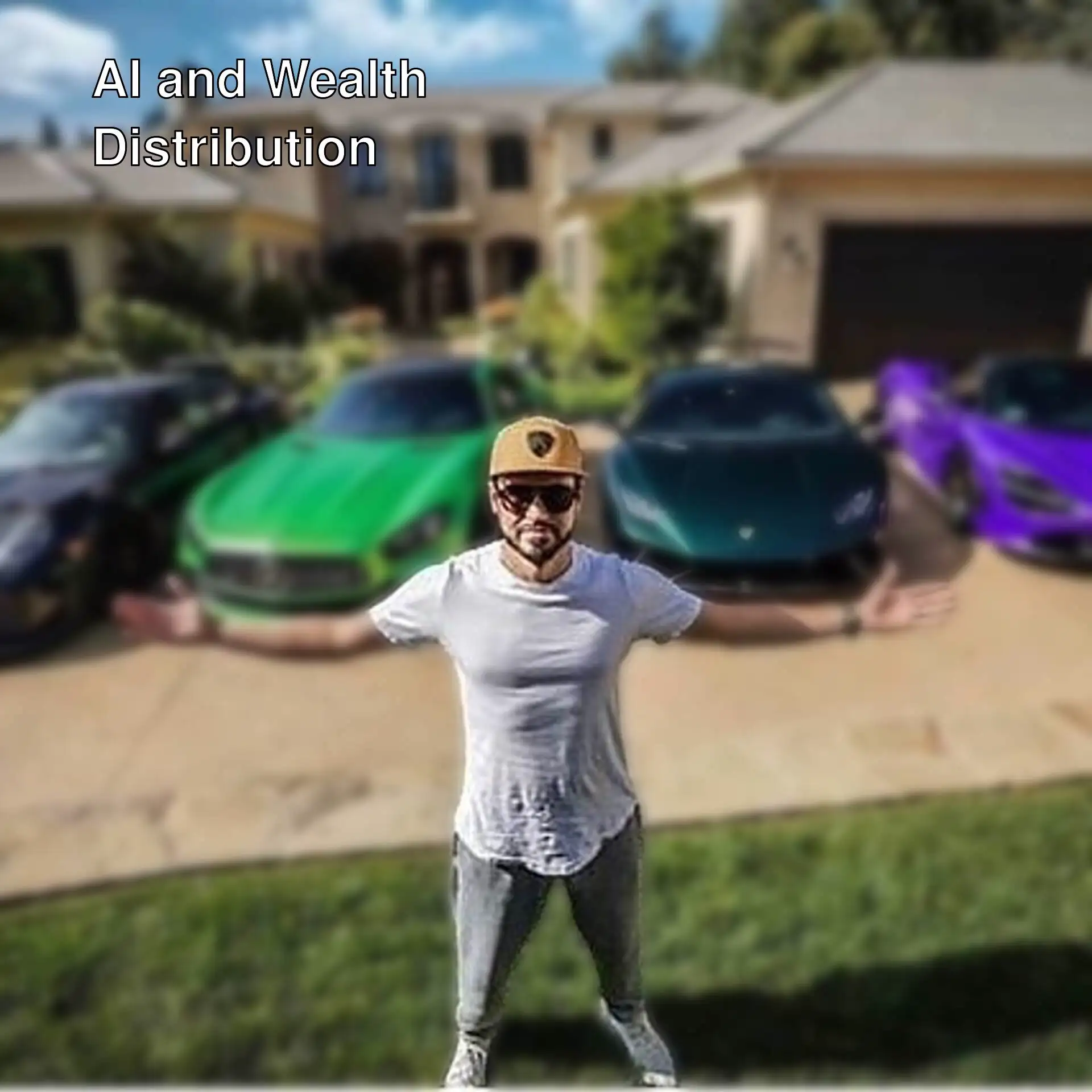 A man standing in front of a house with many cars.