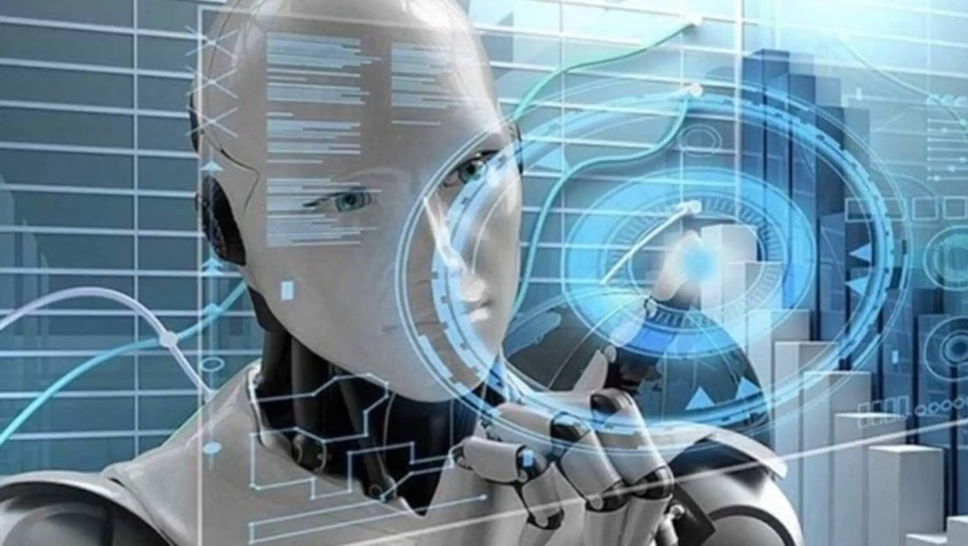 Bir robot ekranı dokunuyor. Bir robot ekranı dokunuyor.