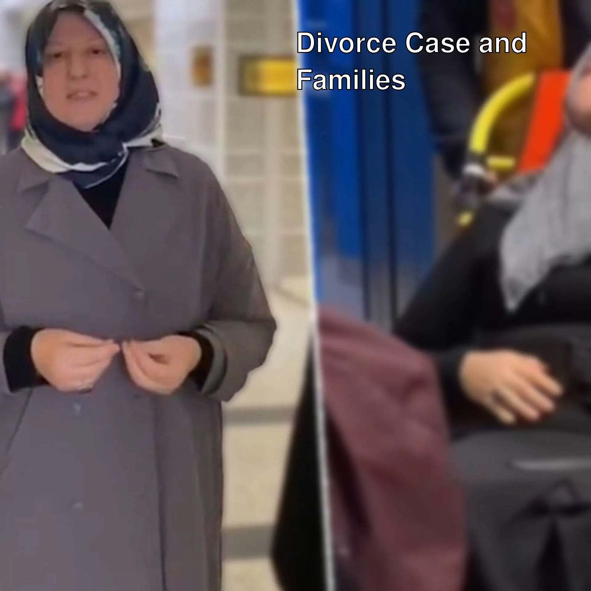 A woman in a grey coat. A woman in a grey coat.