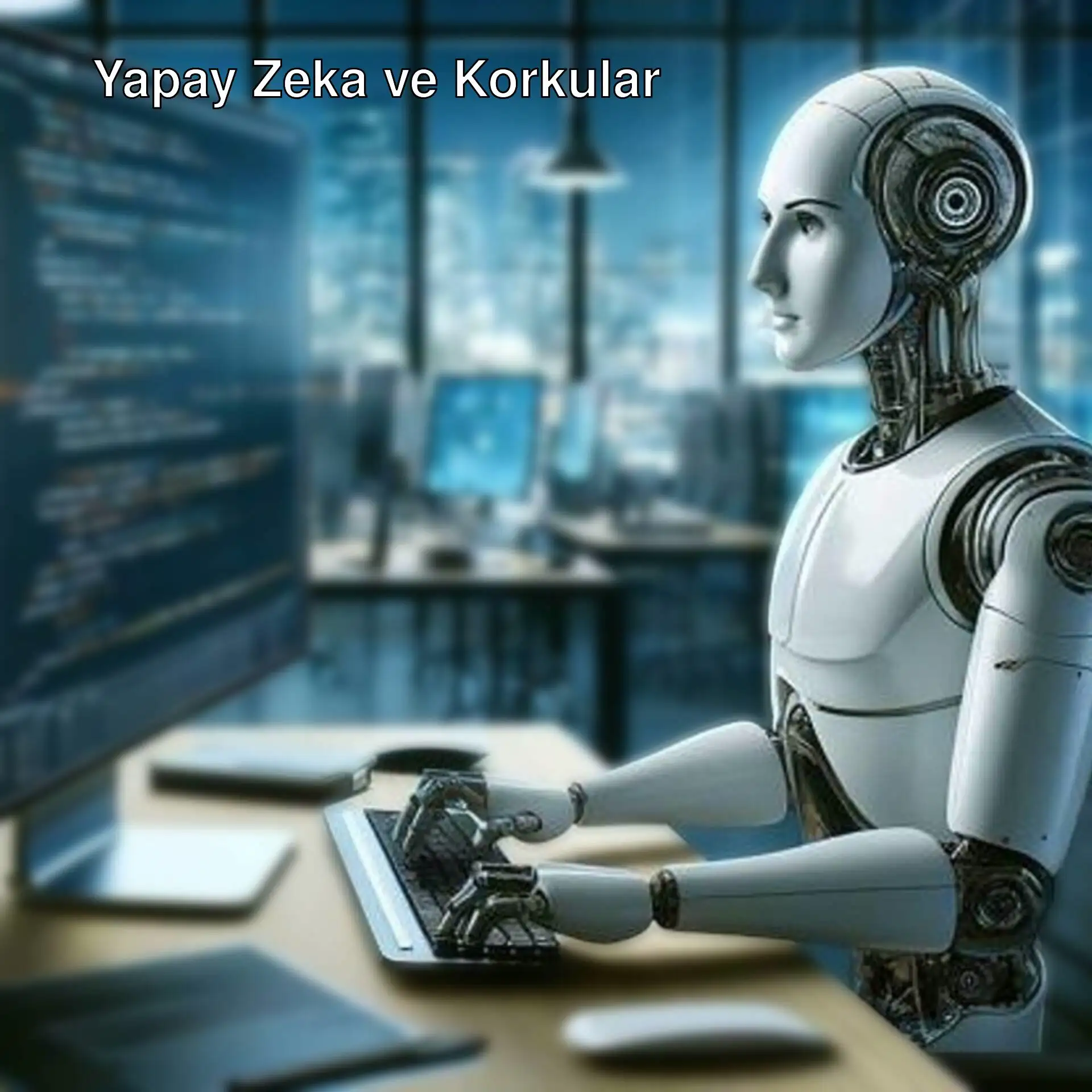 Bir robot bilgisayarın önünde oturuyor. Bir robot bilgisayarın önünde oturuyor.