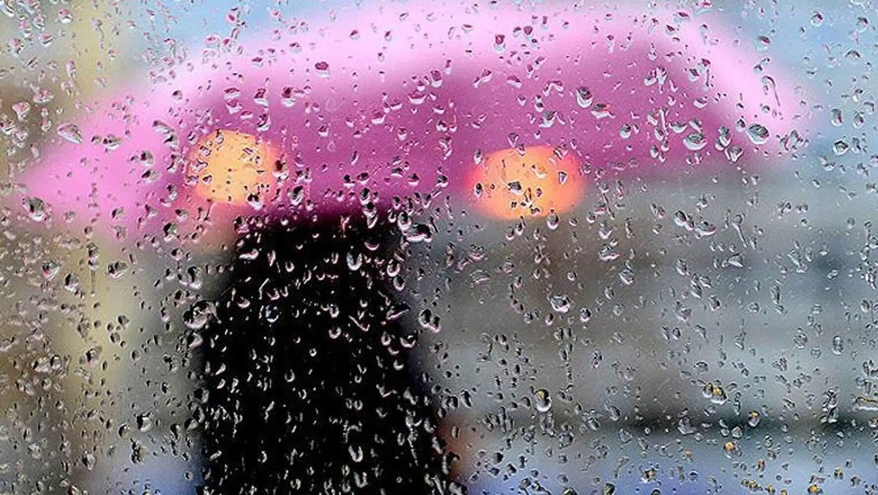 A person holding an umbrella through a window.