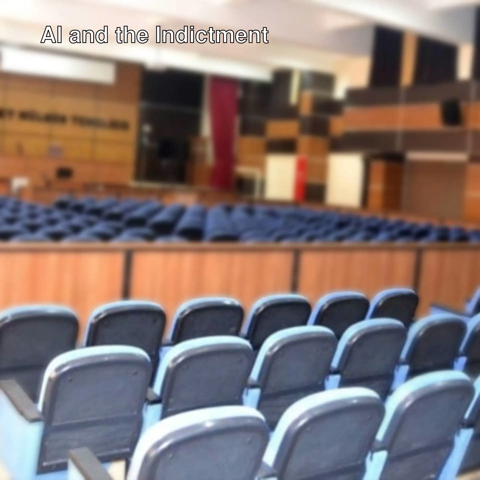 A room with rows of blue chairs related to AI. A room with rows of blue chairs related to AI.