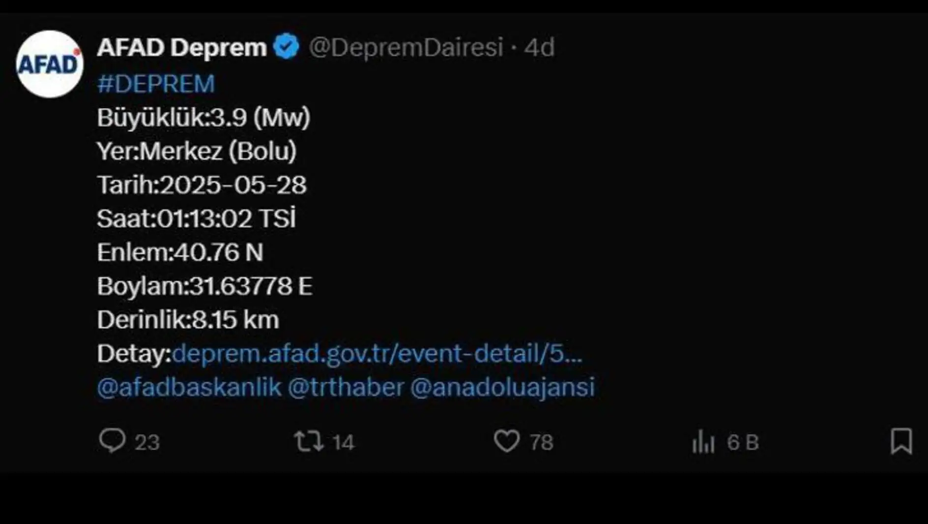 Social media post about the earthquake in Bolu. Social media post about the earthquake in Bolu.