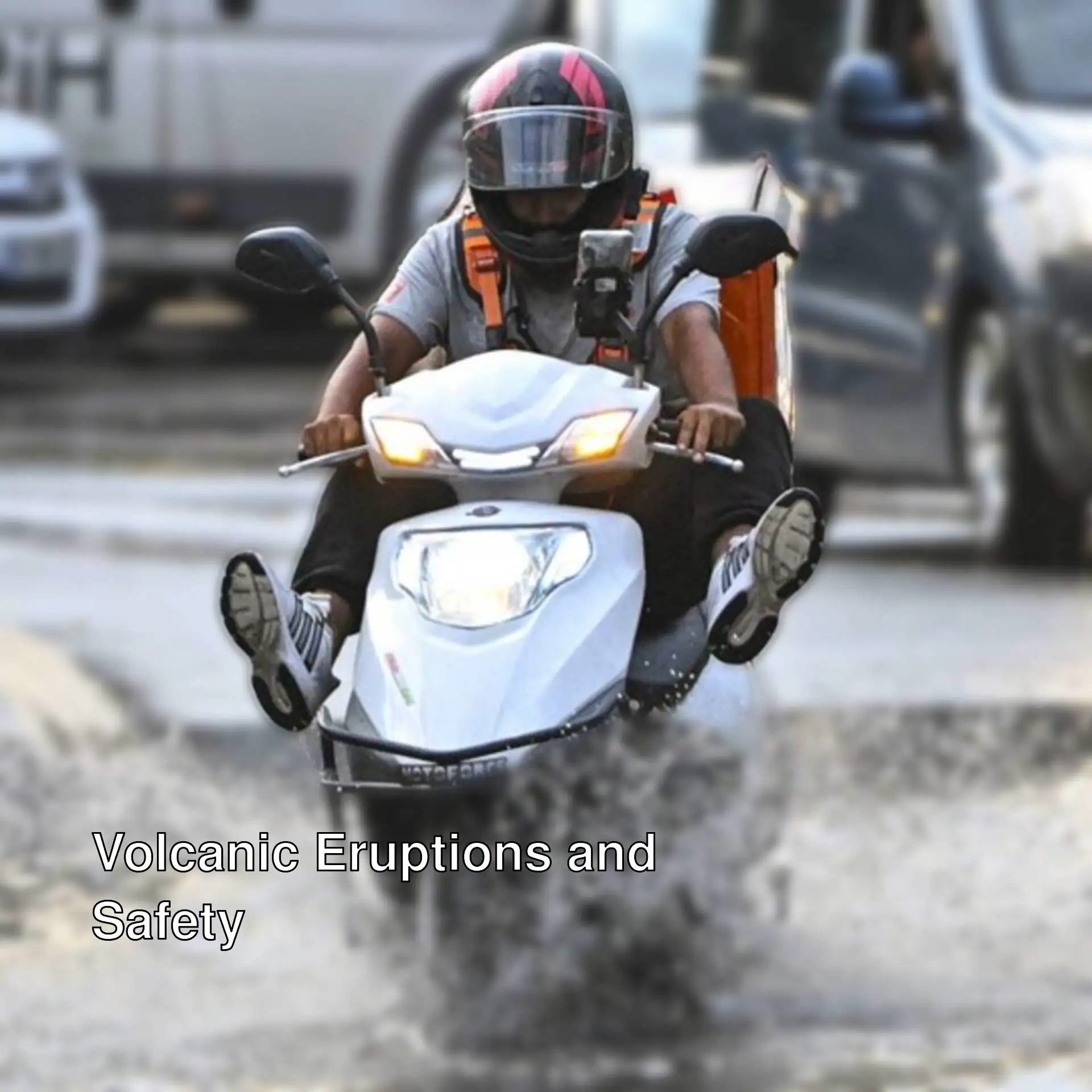 A man riding a scooter through water. A man riding a scooter through water.