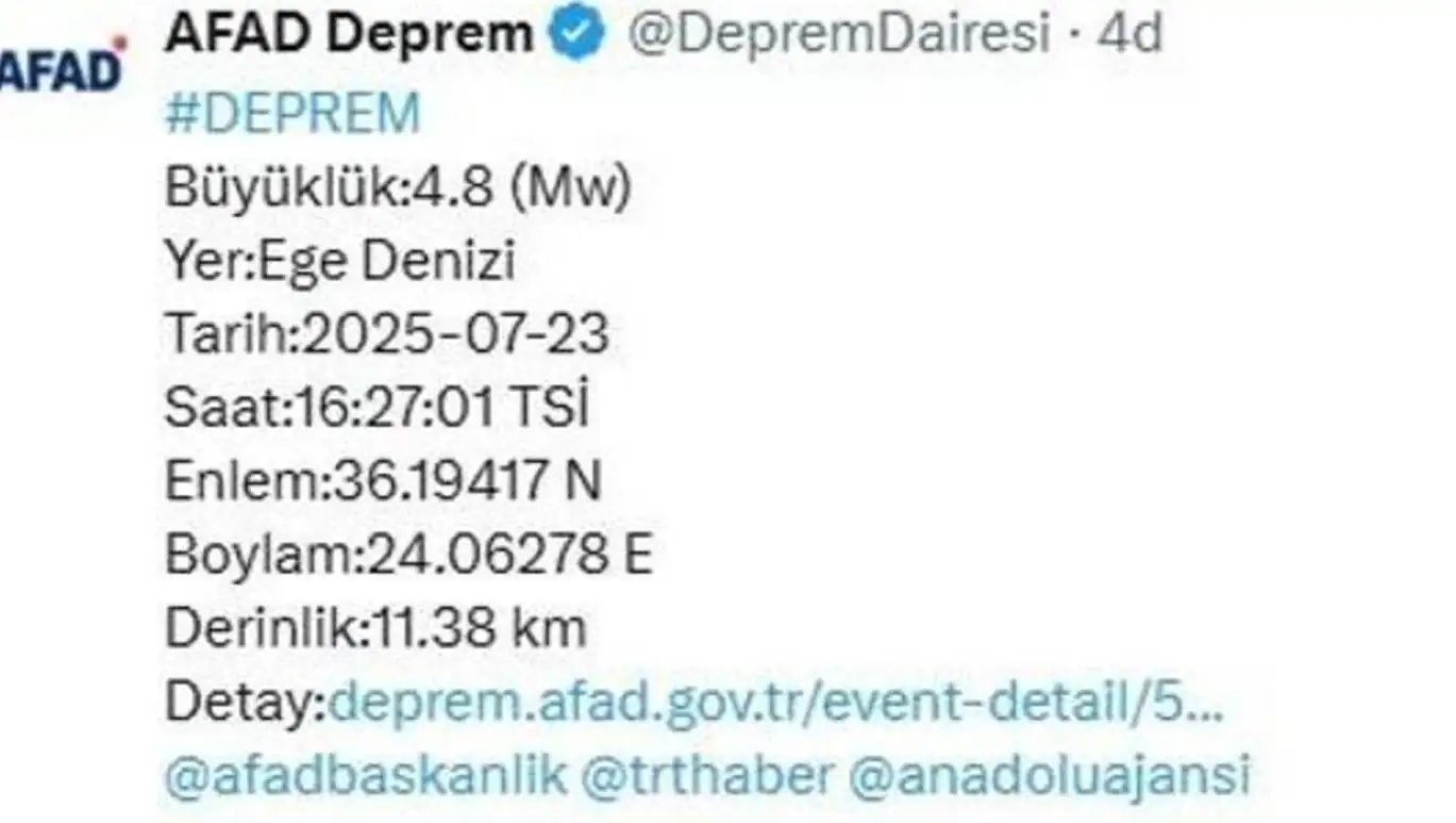 Ege Denizi'nde meydana gelen depremler hakkında sosyal medya paylaşımı.