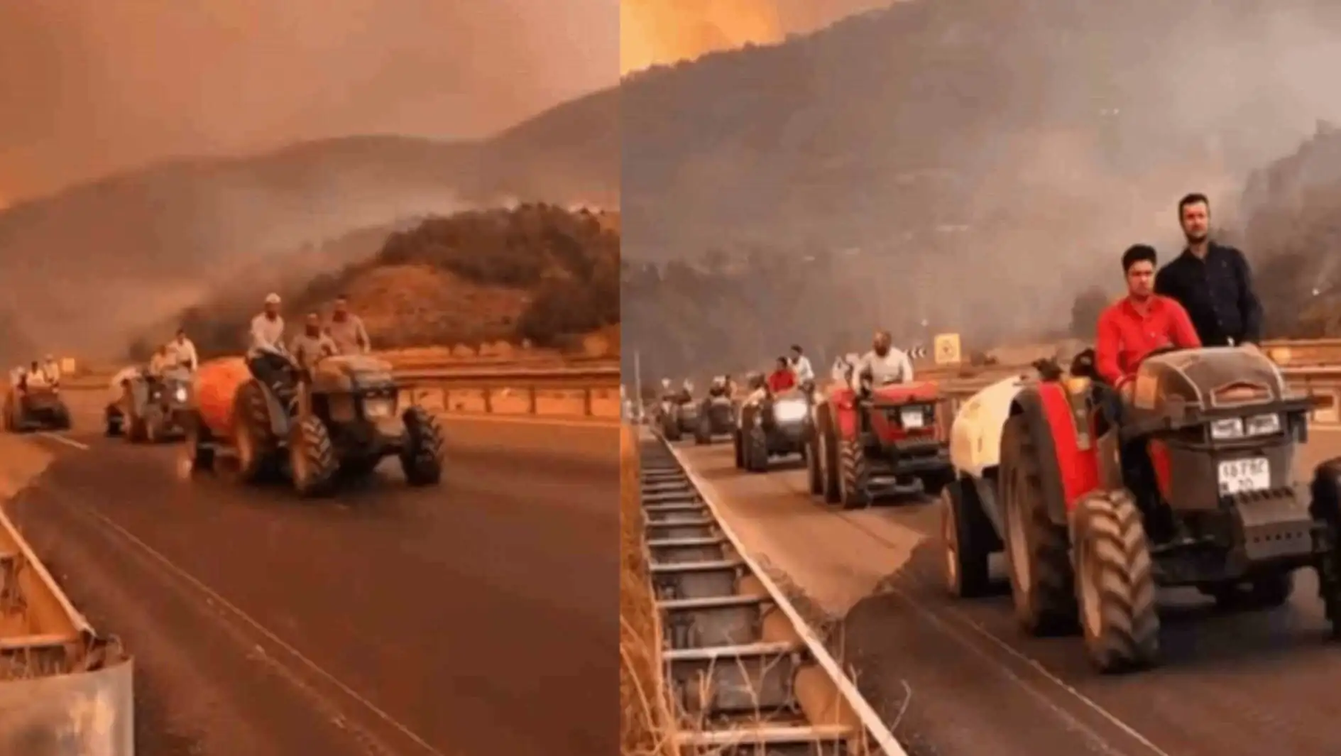 A group of people riding tractors to fight the fire. A group of people riding tractors to fight the fire.