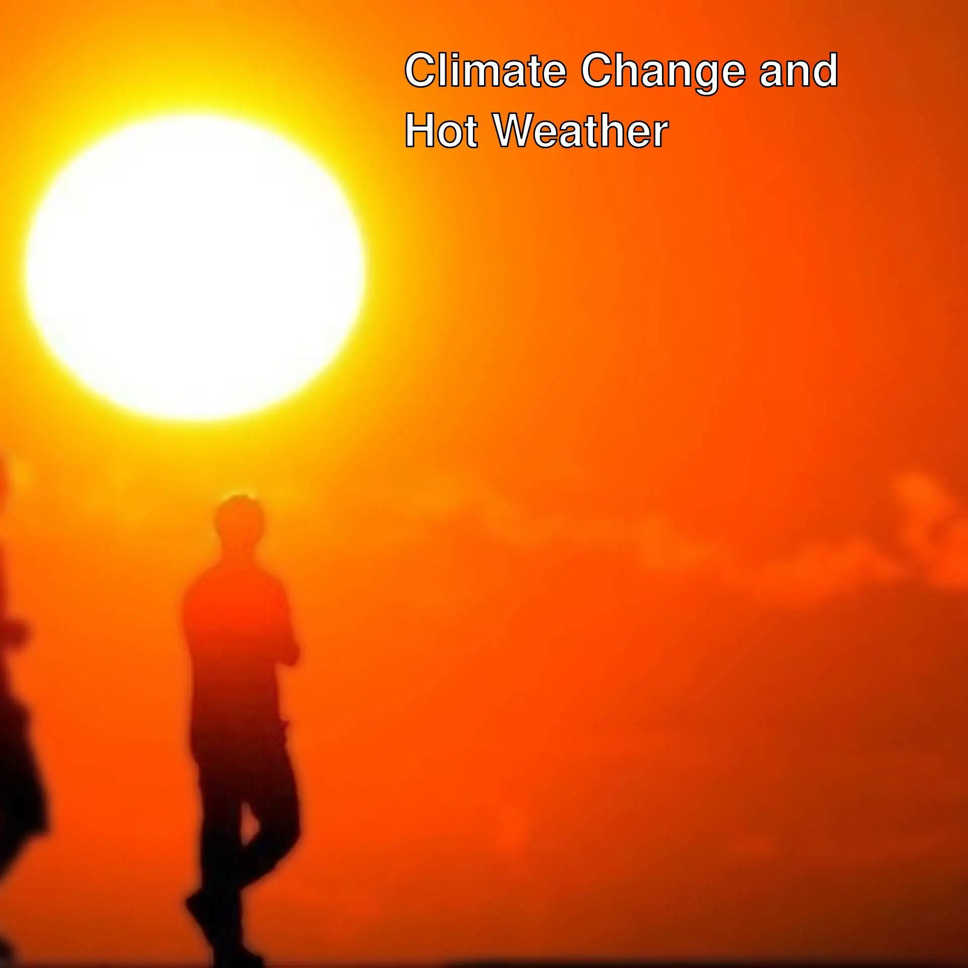 A group of people running in front of a bright sun.