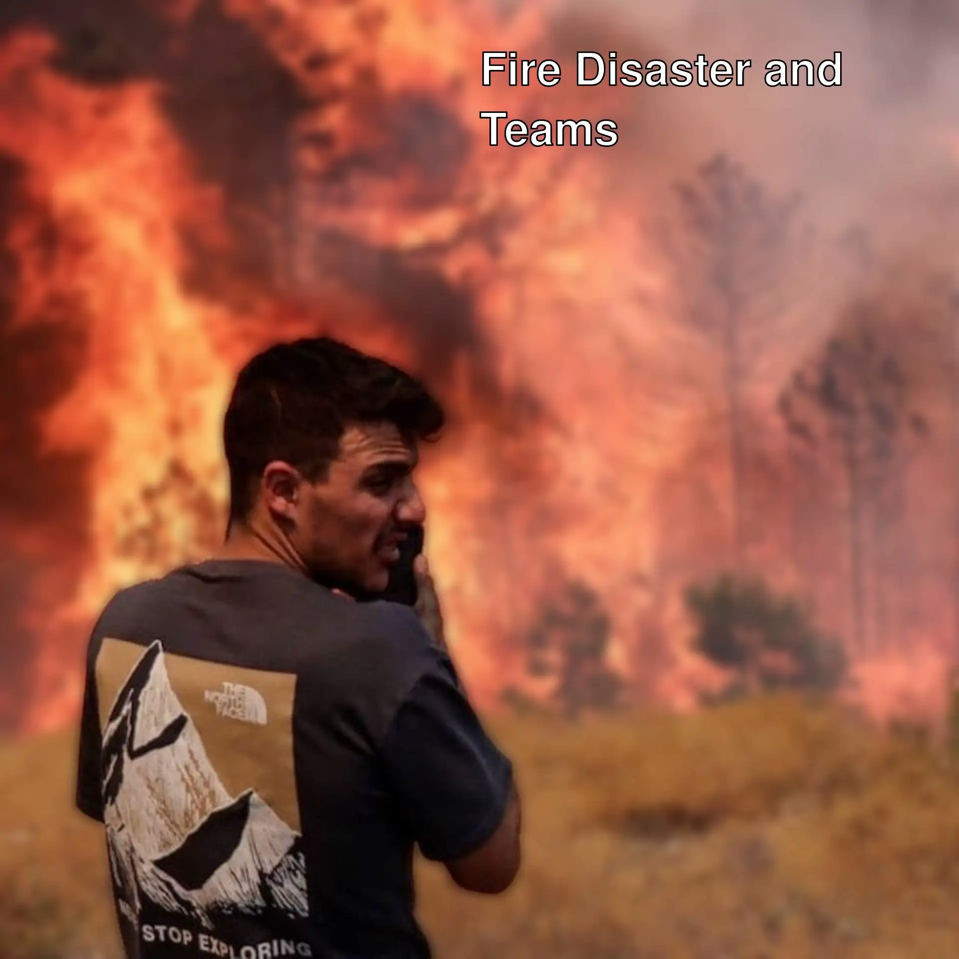 A firefighter trapped among flames during firefighting efforts.
