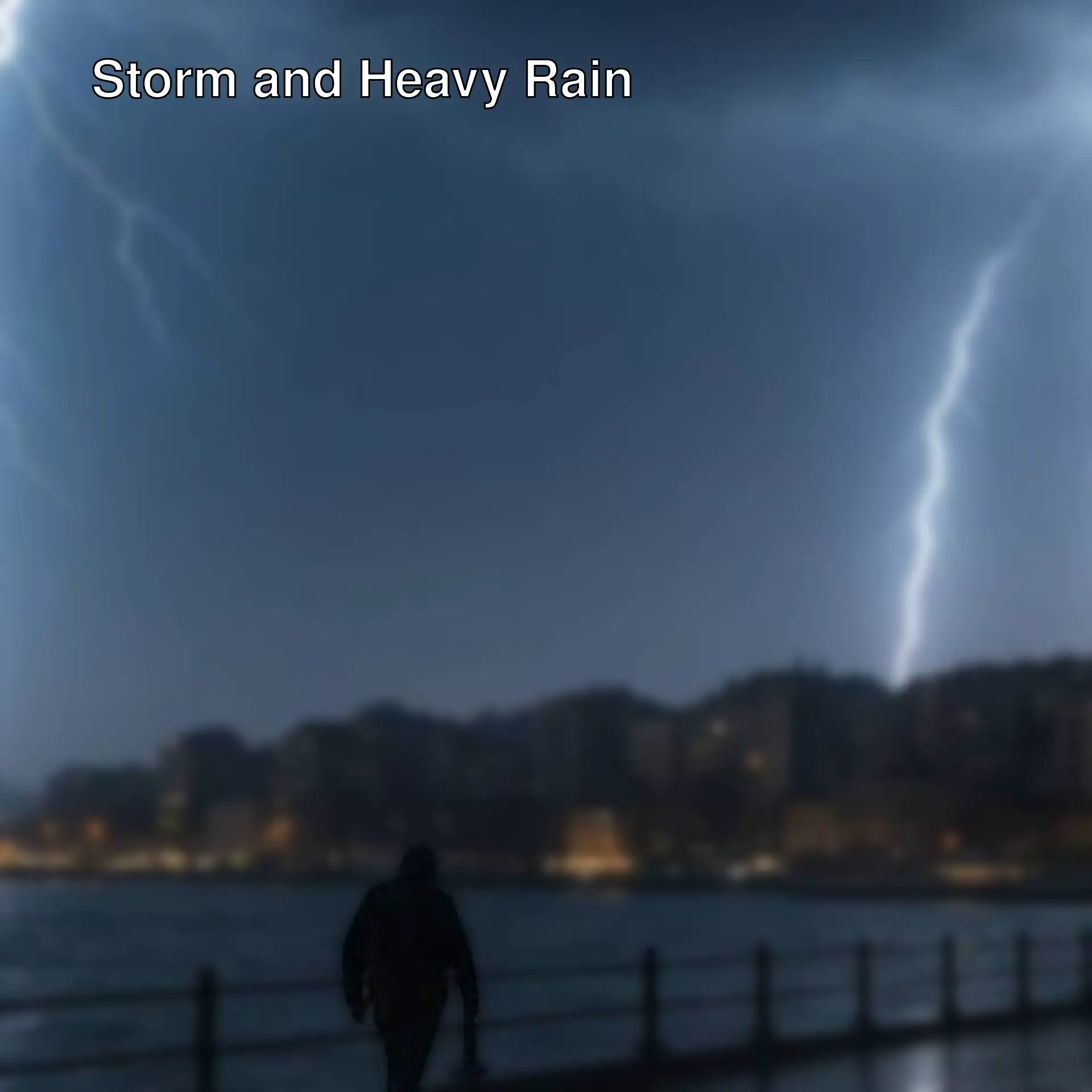 A person standing on a dock looking at lightning bolts in the sky.