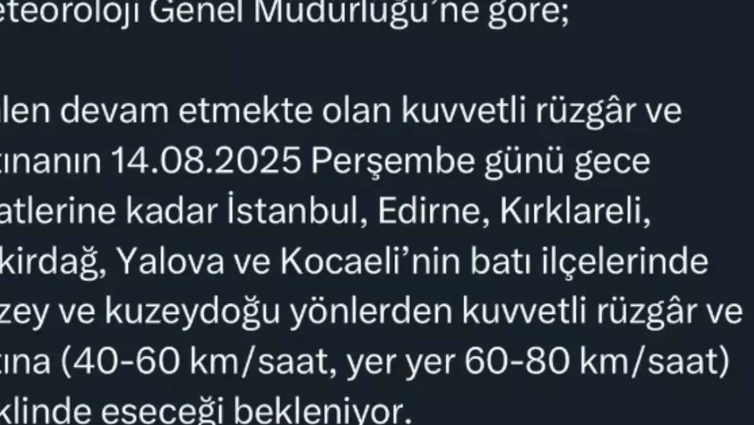 Fırtına uyarısı. Bir telefon ekran görüntüsü.