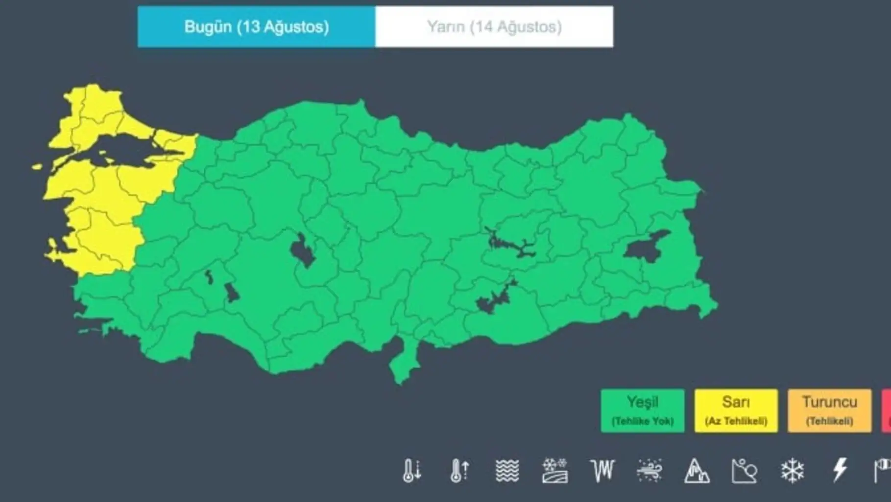 Map of Turkey showing areas under yellow code warning. Map of Turkey showing areas under yellow code warning.