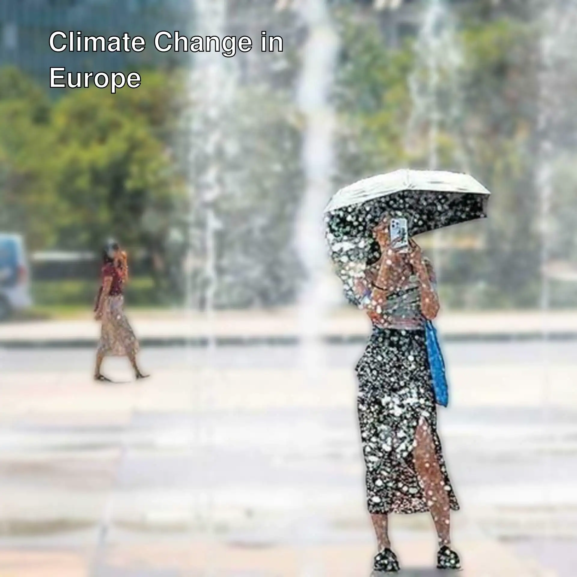 A woman holding an umbrella in front of a fountain. A woman holding an umbrella in front of a fountain.