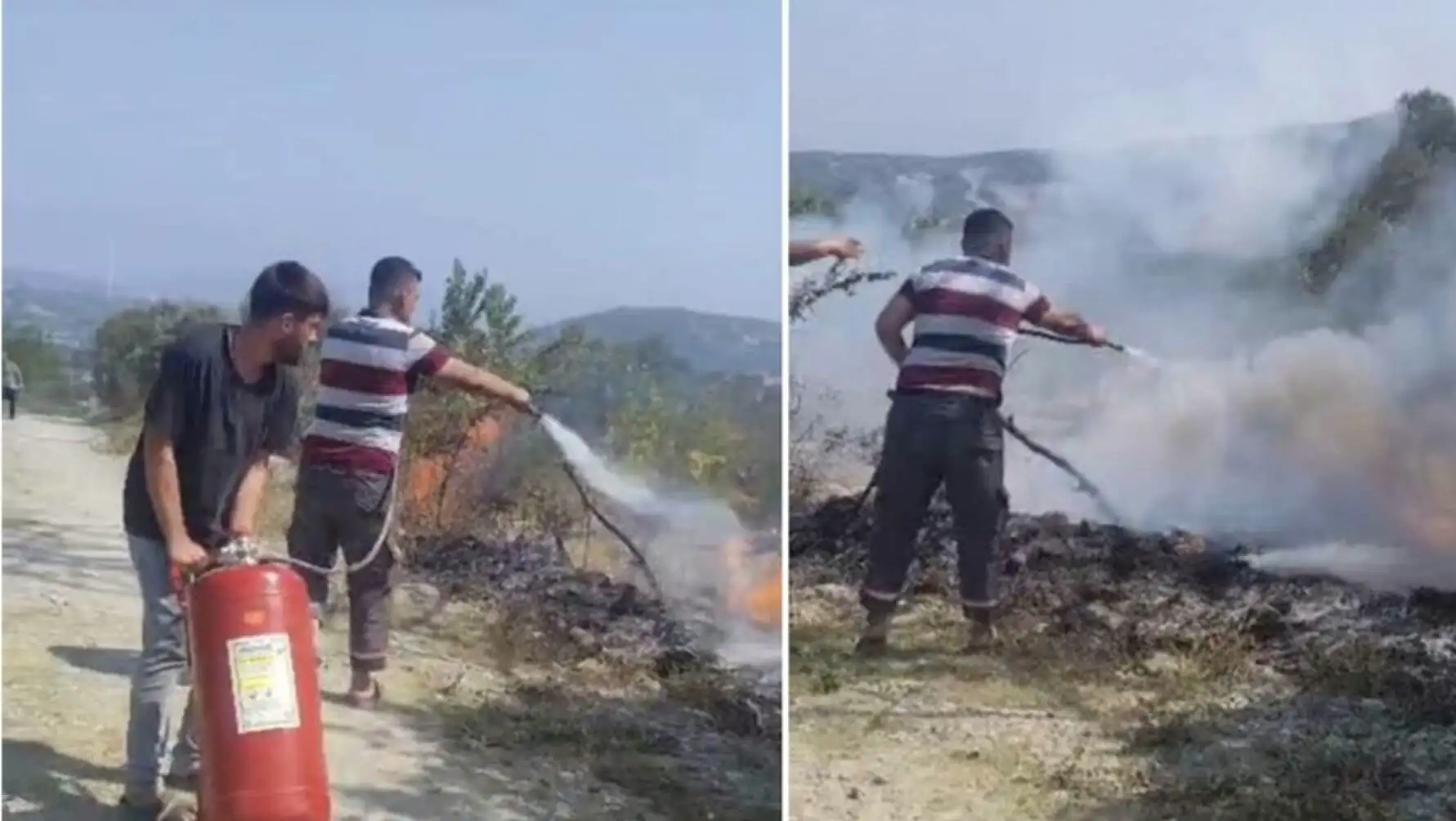 Yangın sırasında bir adam hortum tutuyor. Yangın sırasında bir adam hortum tutuyor.