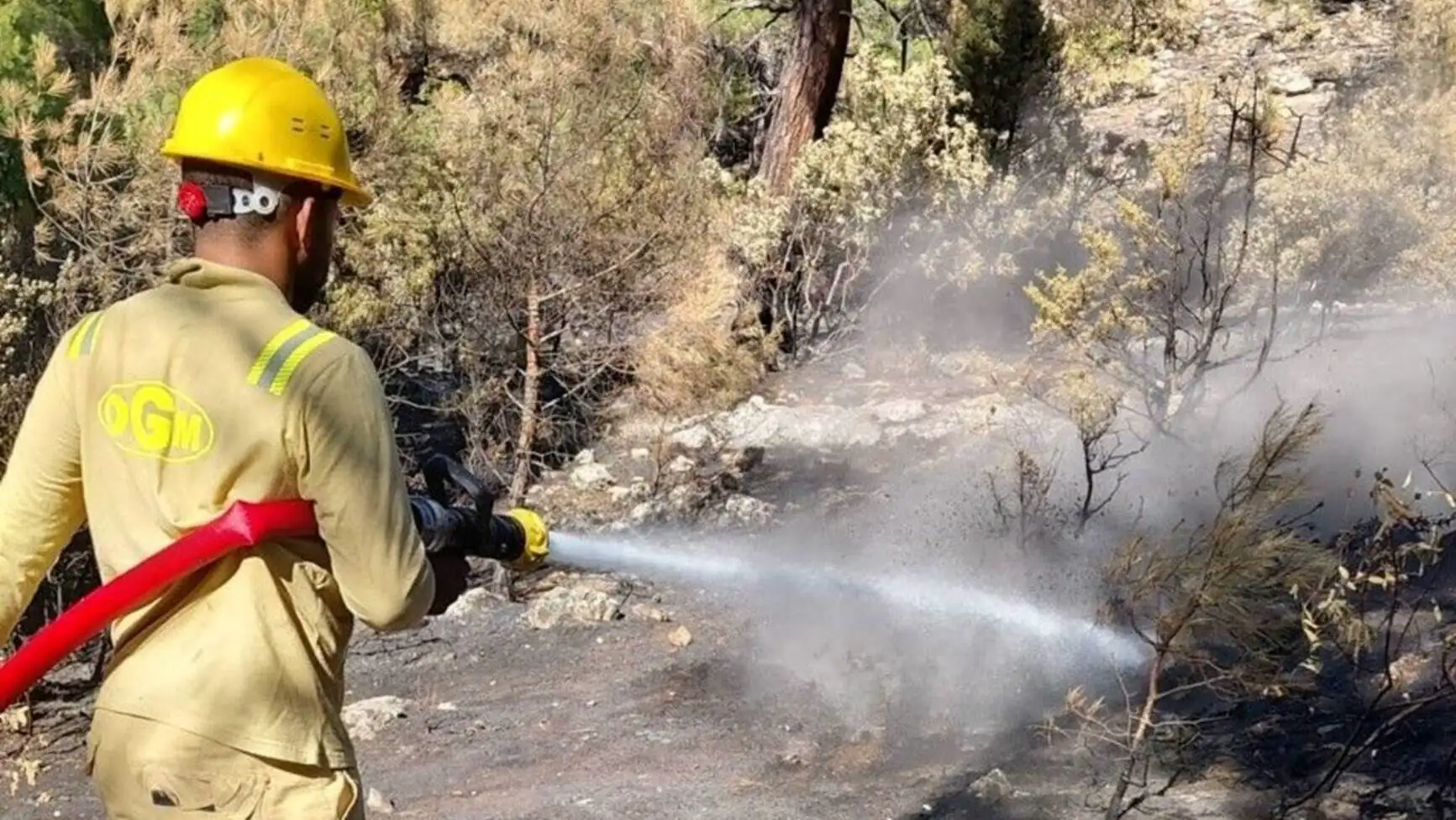 A firefighter spraying water on the fire.