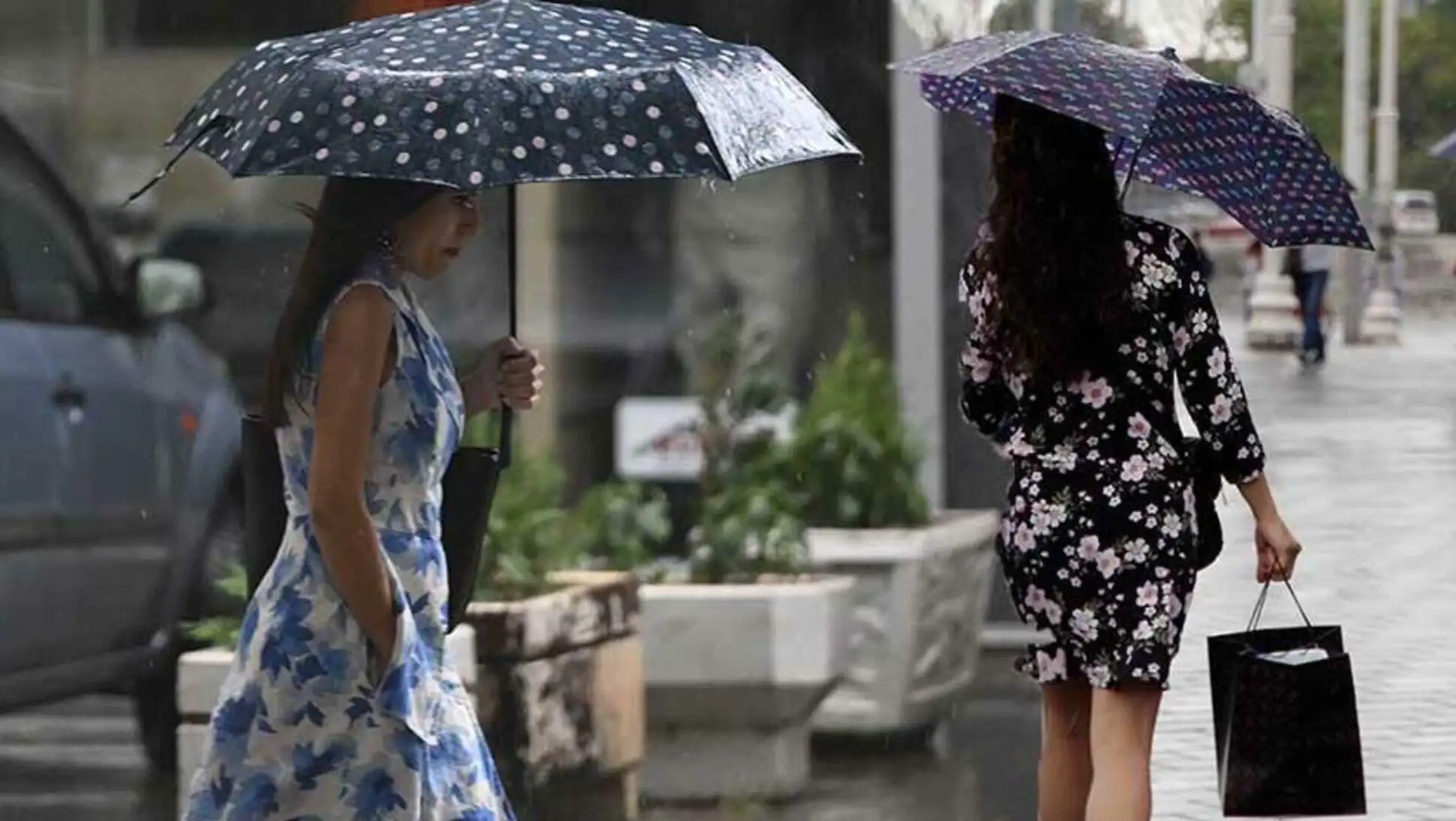 Two women walking in the rain with umbrellas.