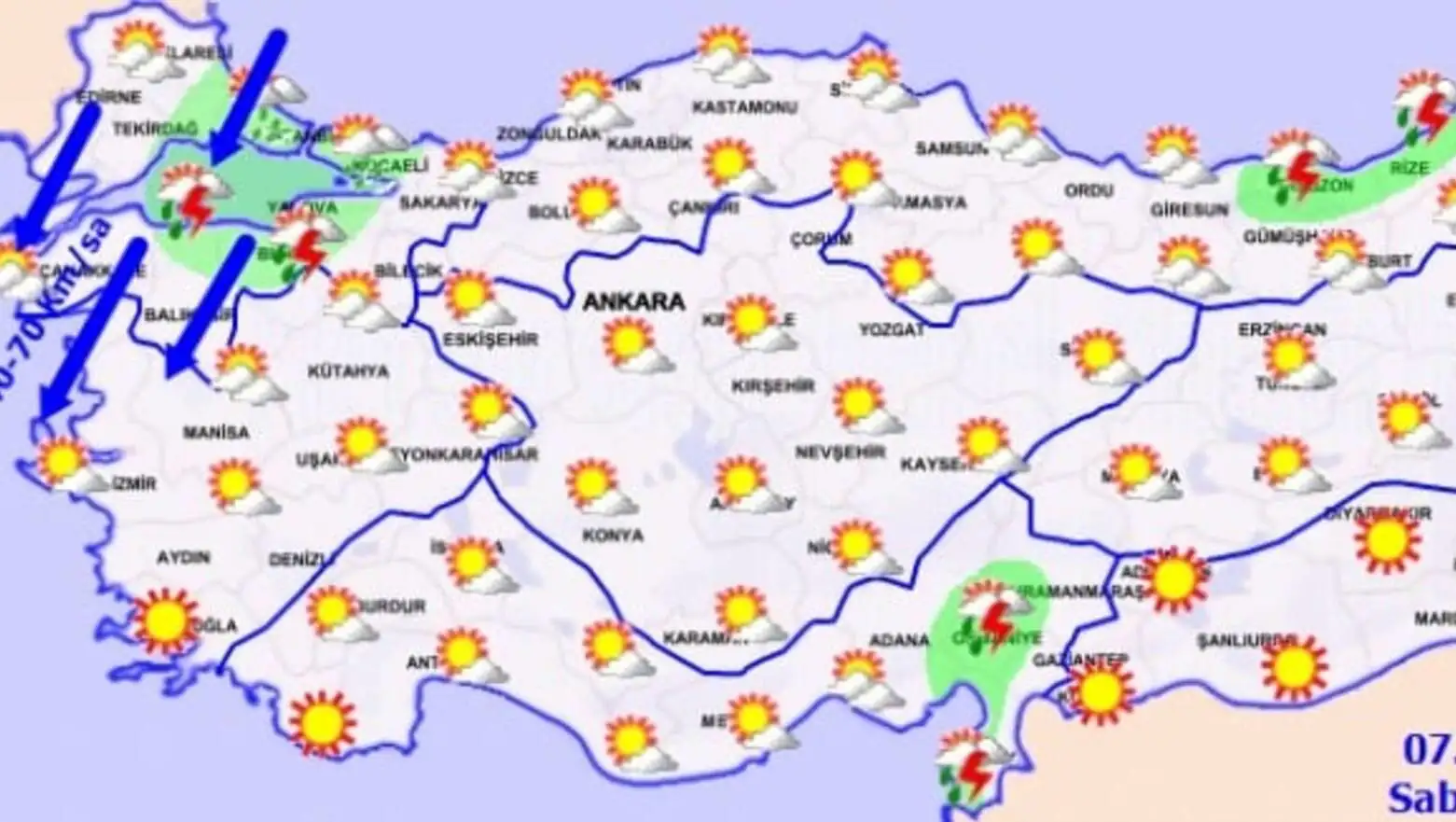 A map with weather symbols. A map with weather symbols.