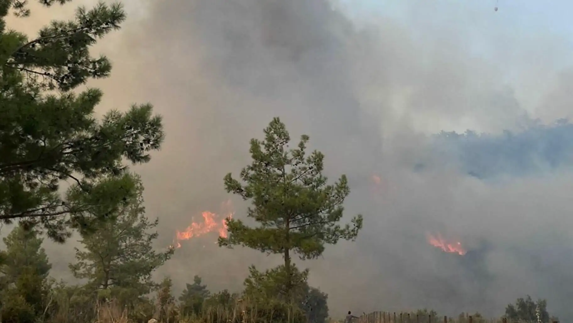 A helicopter flying over a forest fire. A helicopter flying over a forest fire.