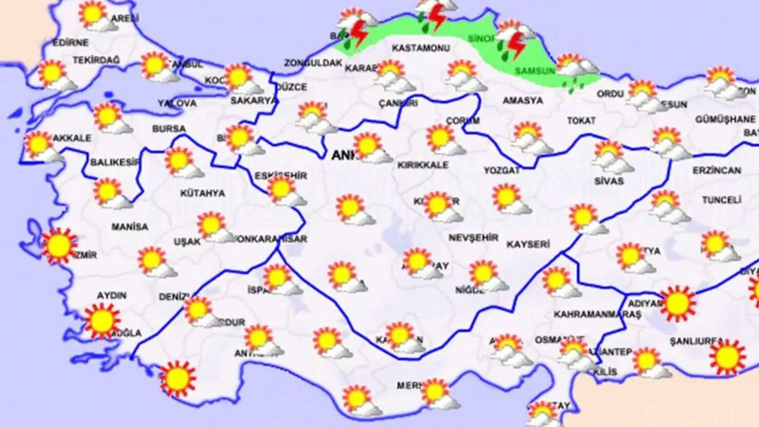 Country map with weather symbols.