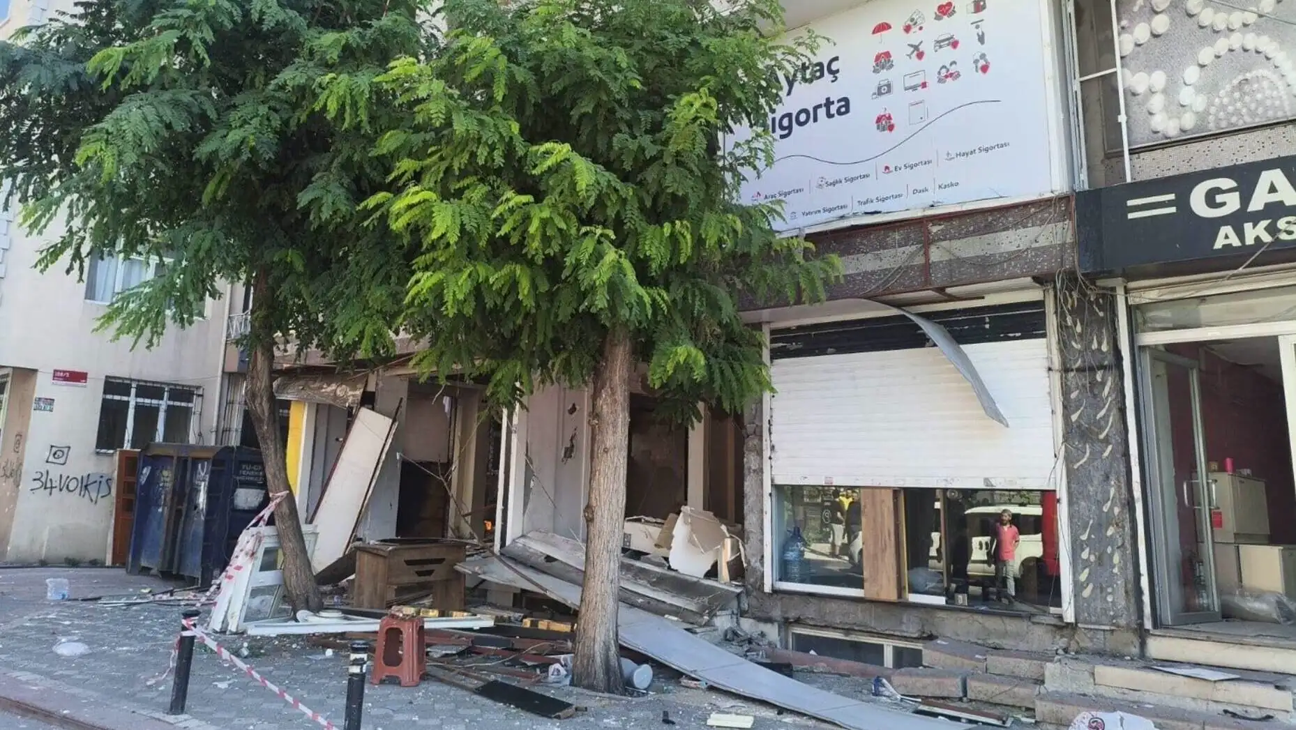 A tree and a building during the fire incident.