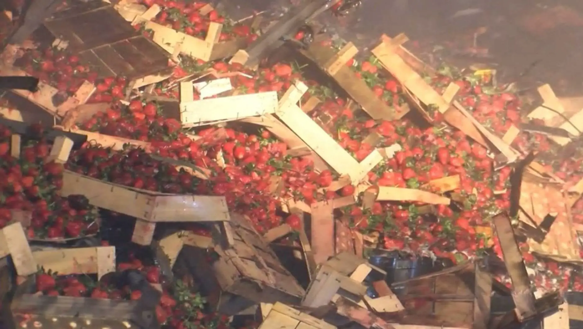 Strawberries in wooden crates after the fire. Strawberries in wooden crates after the fire.