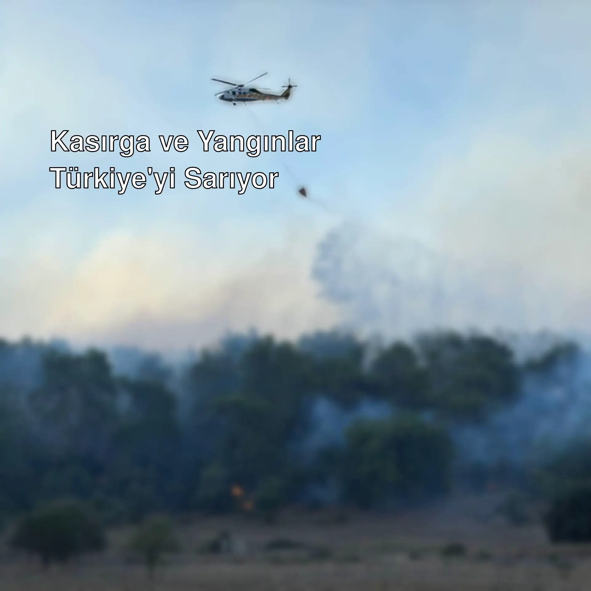 Bir helikopter orman yangınına su bırakıyor.