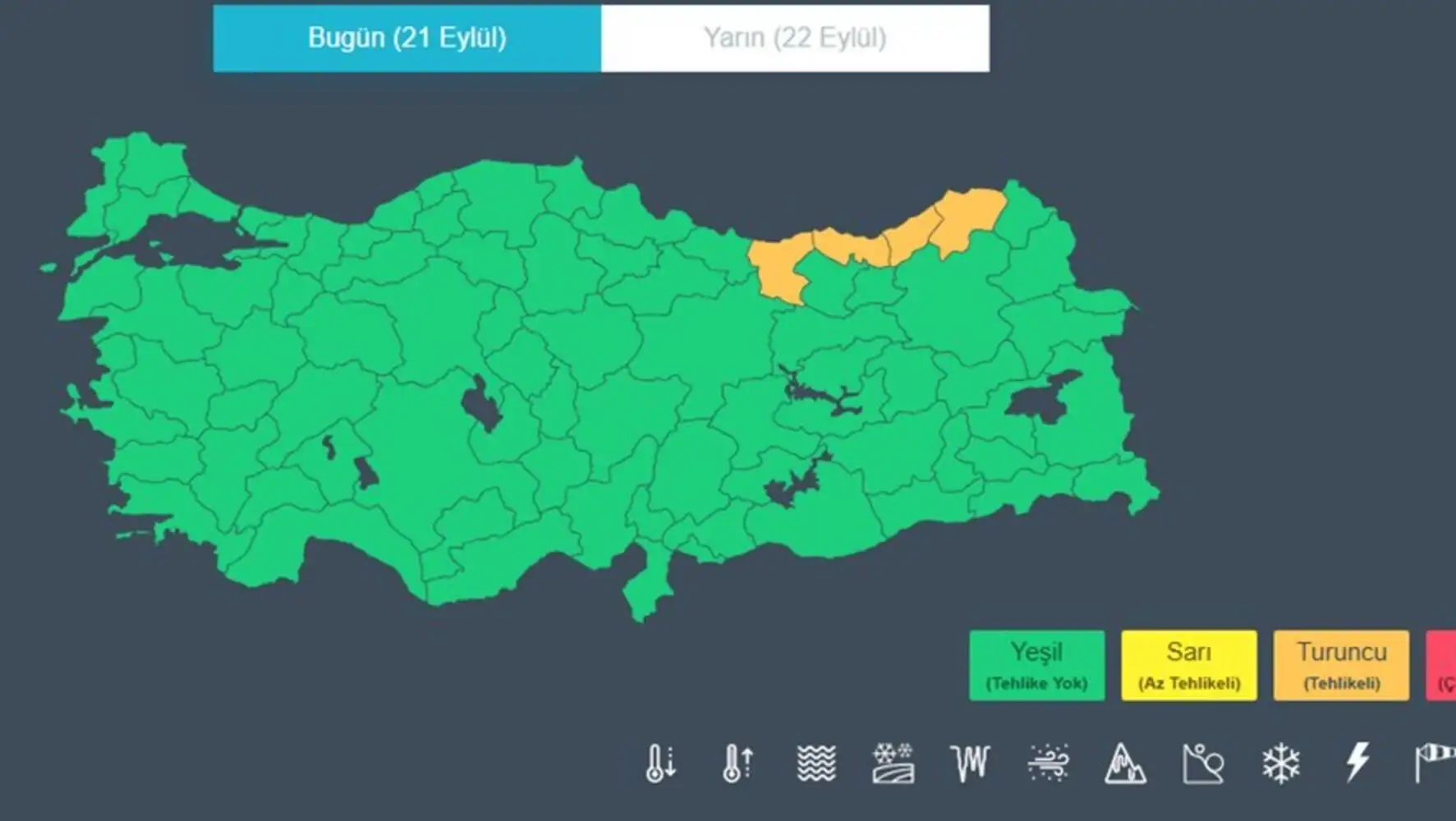 A weather map of Turkey showing different colored areas.