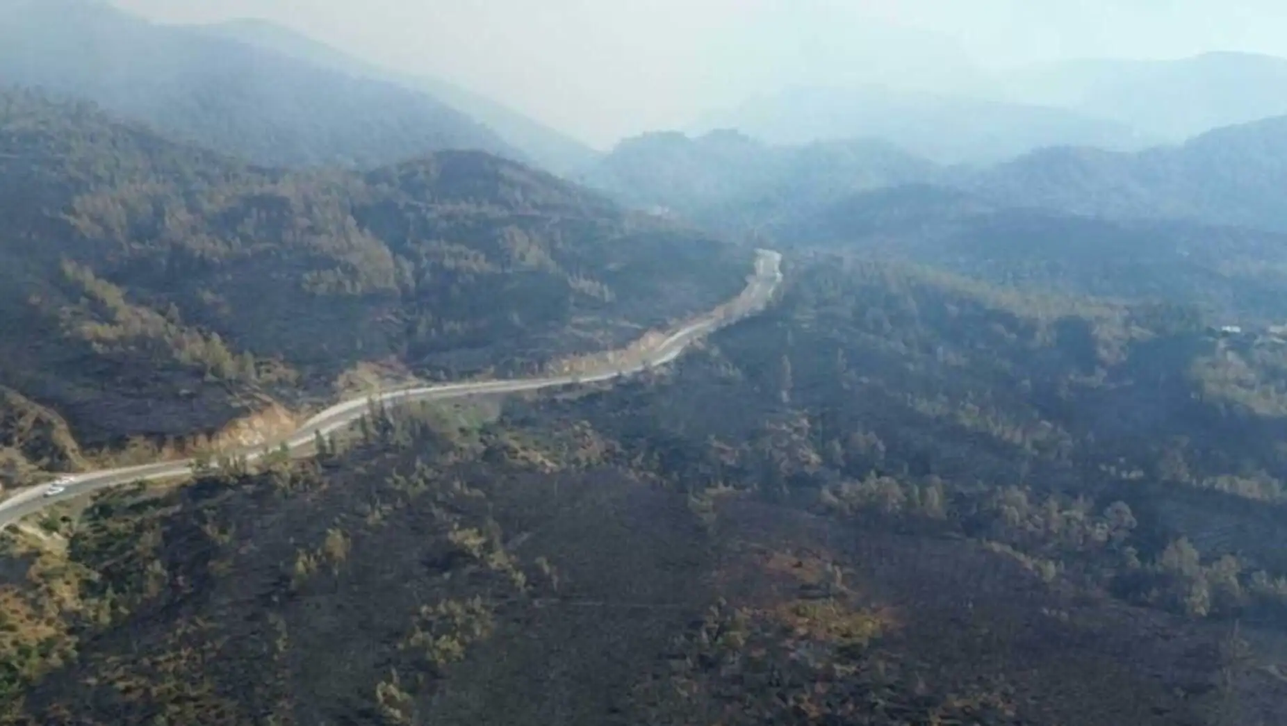 A road going through the fire area