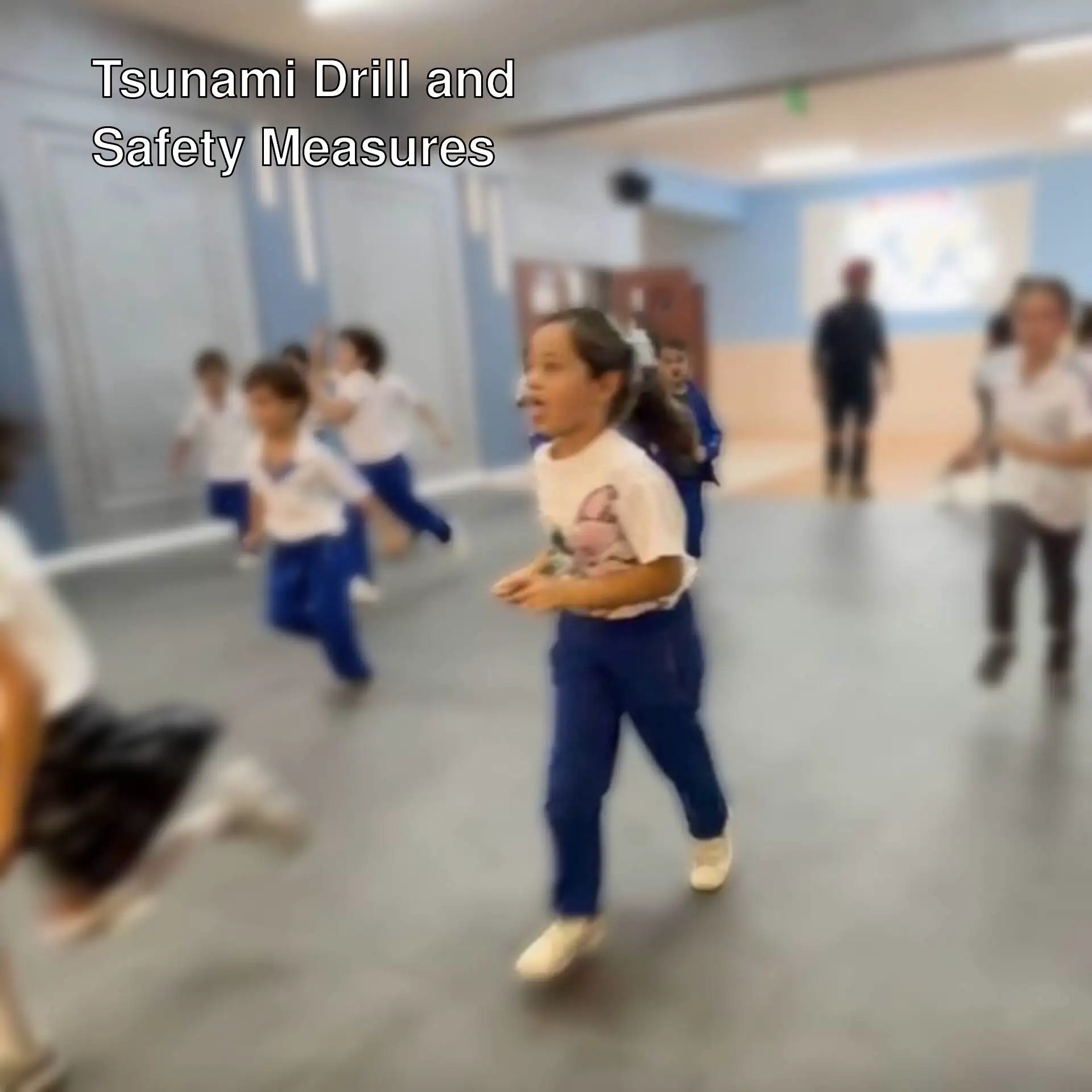 Children are moving to safety during the tsunami drill.