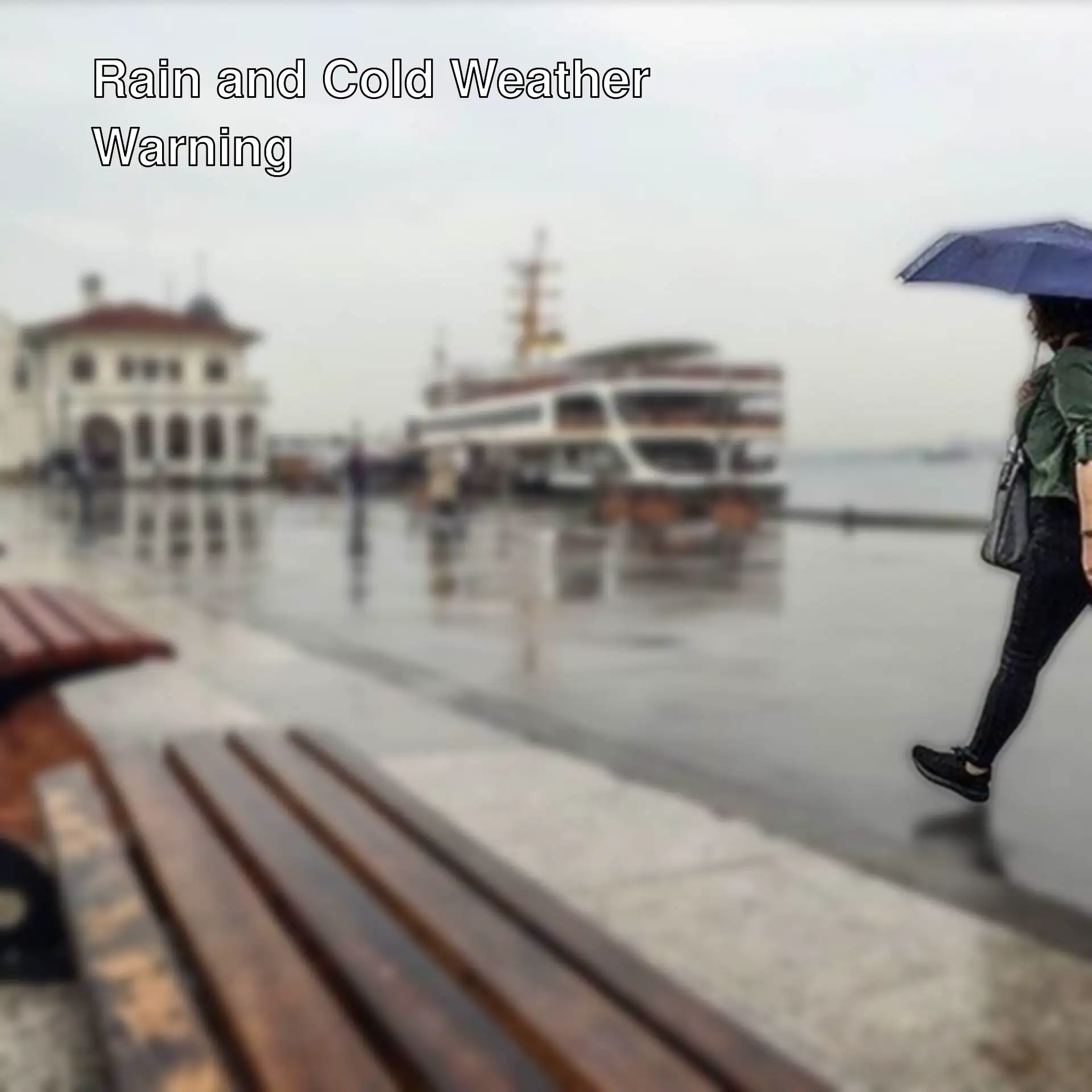 A woman walking on a wet sidewalk in Istanbul, rain is expected.