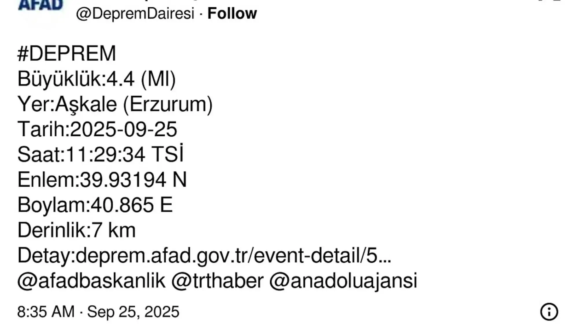 AFAD's statement regarding the earthquake in Erzurum.