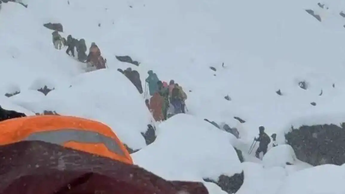 A group of people on Everest during the snowstorm.