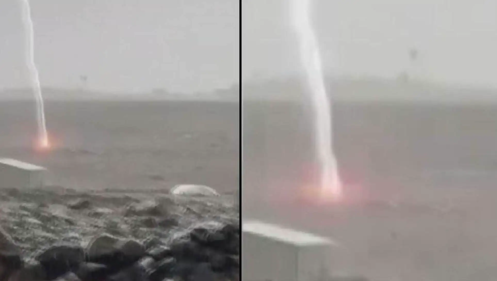 Moment of lightning strike illuminating the area.