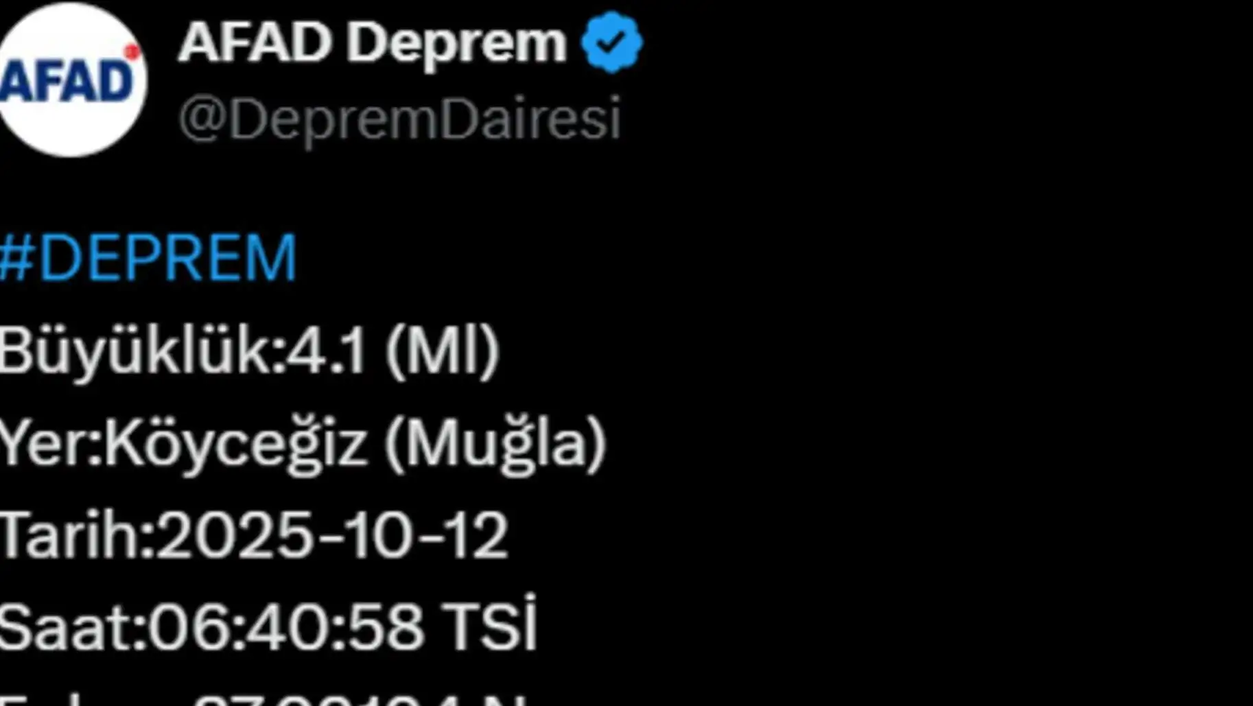 Depremin büyüklüğünü gösteren bir ekran görüntüsü.