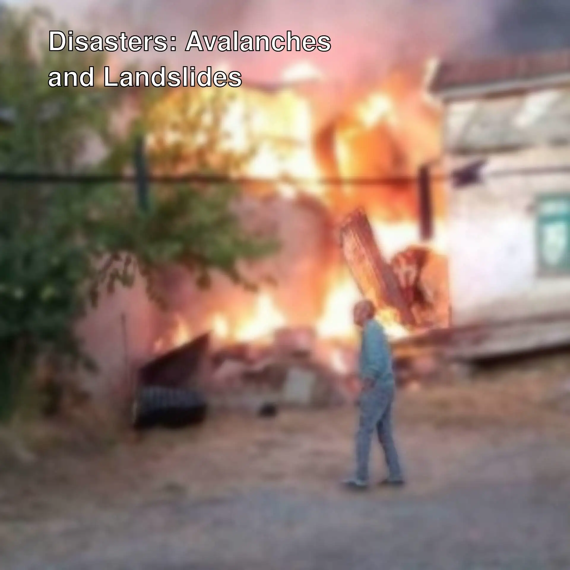 A man standing in front of a building on fire.