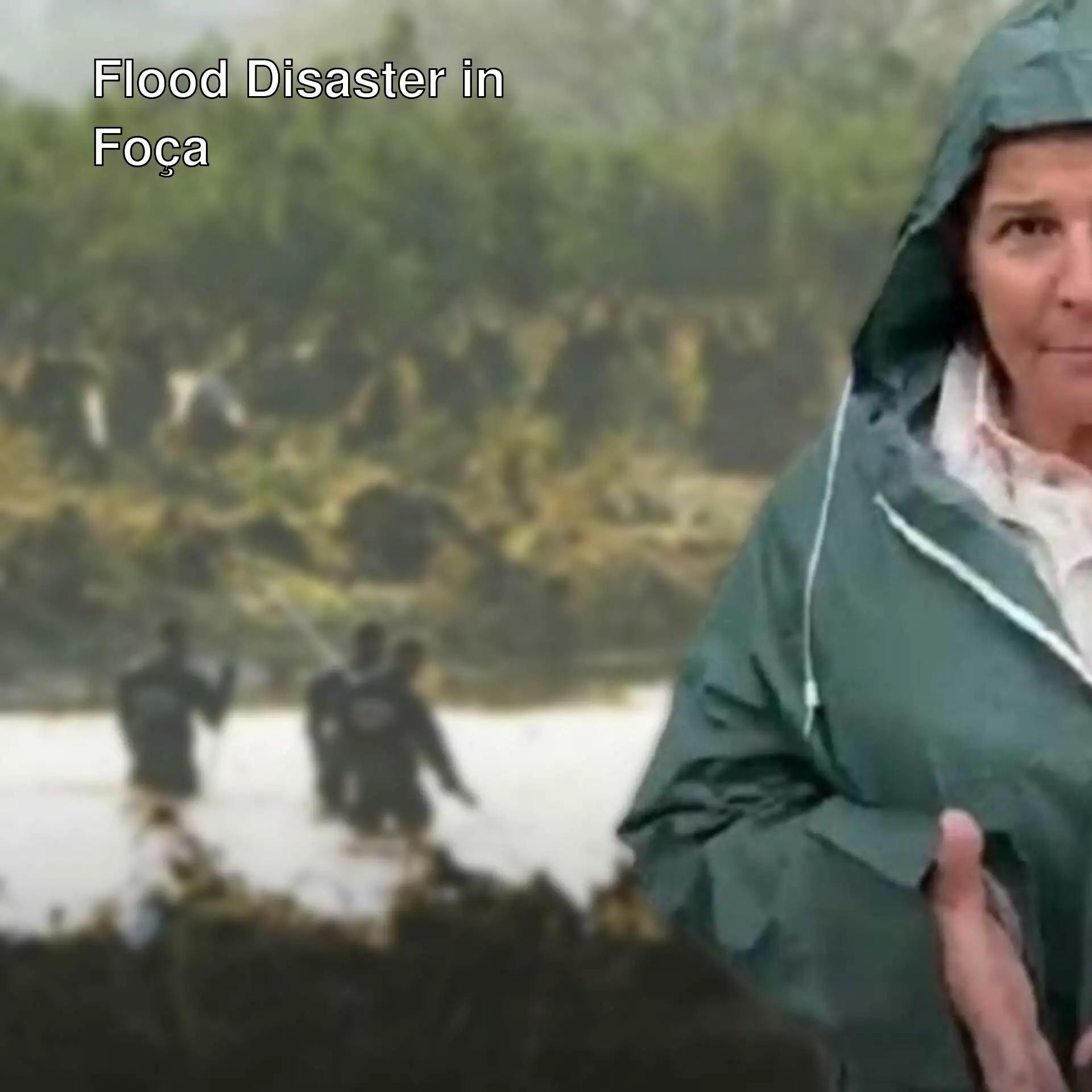 A woman in a raincoat during the flood disaster in Foça. A woman in a raincoat during the flood disaster in Foça.