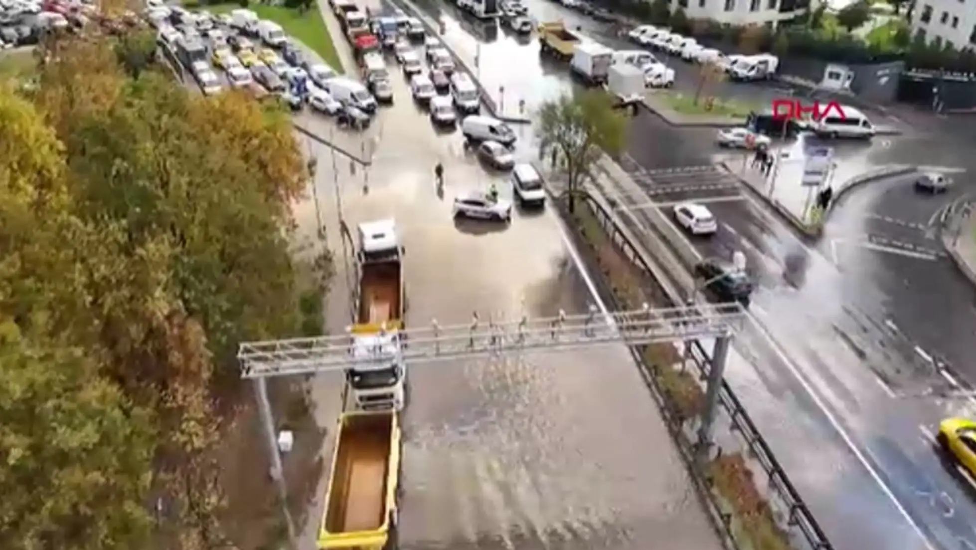Vehicles stranded on the flooded road. Vehicles stranded on the flooded road.