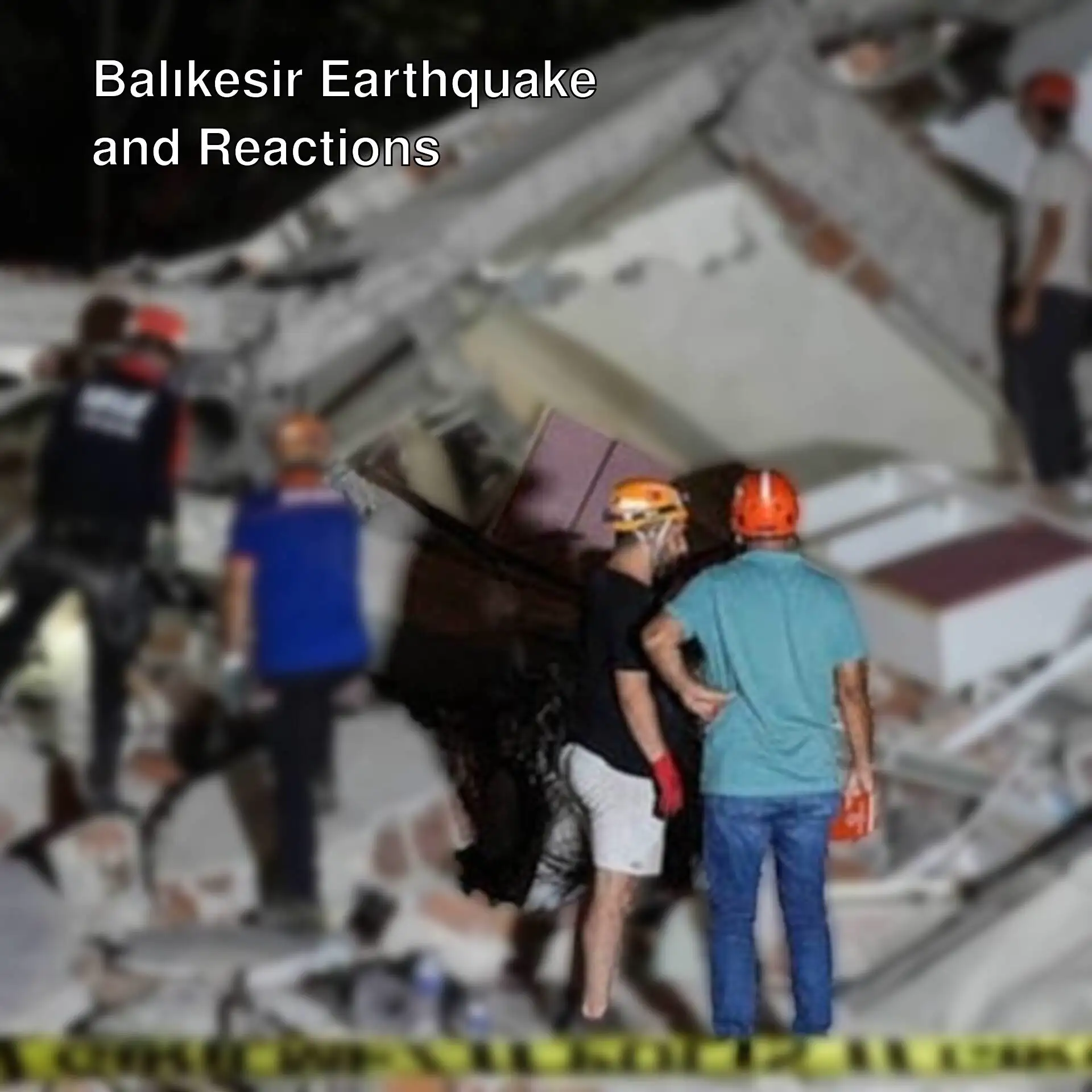 A group of people standing in rubble. A group of people standing in rubble.