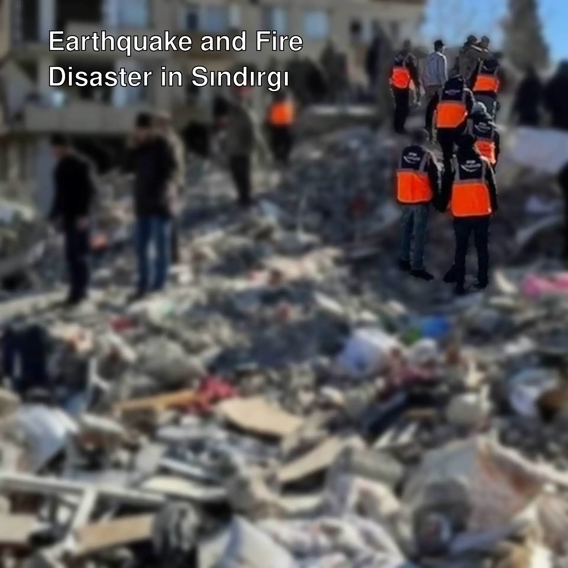 A group of people standing on a pile of rubble. A group of people standing on a pile of rubble.