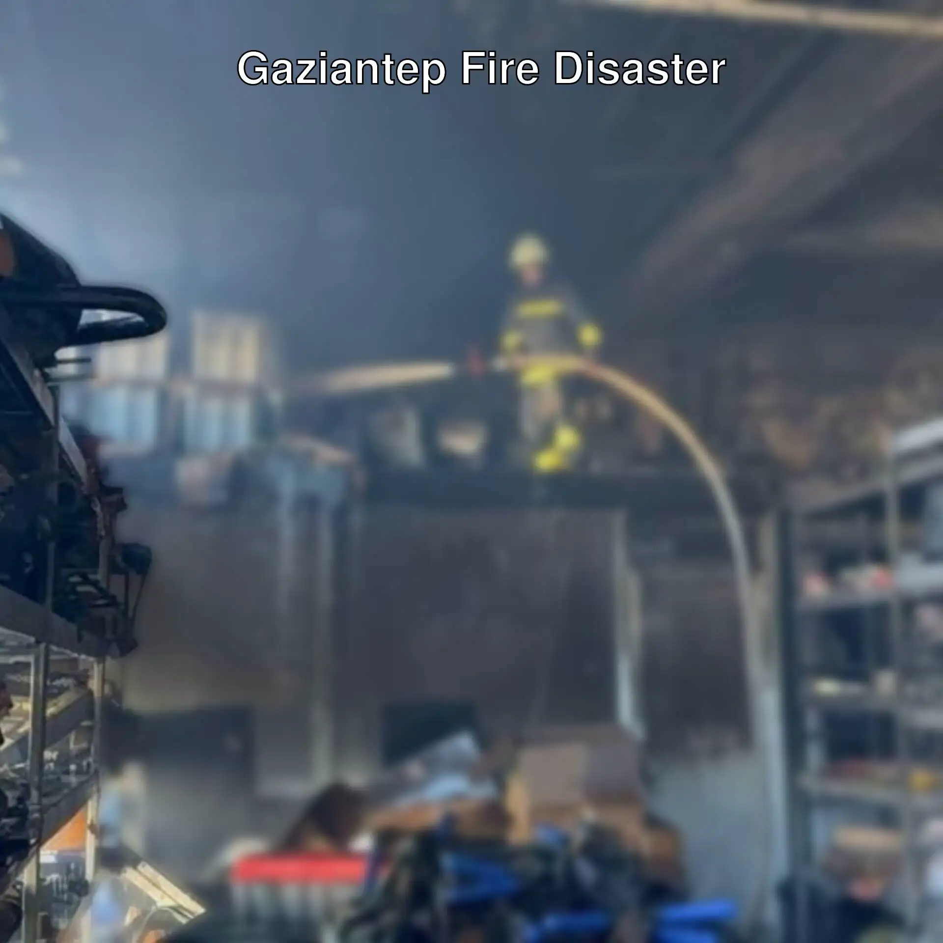 A firefighter spraying water on a fire in a warehouse. A firefighter spraying water on a fire in a warehouse.