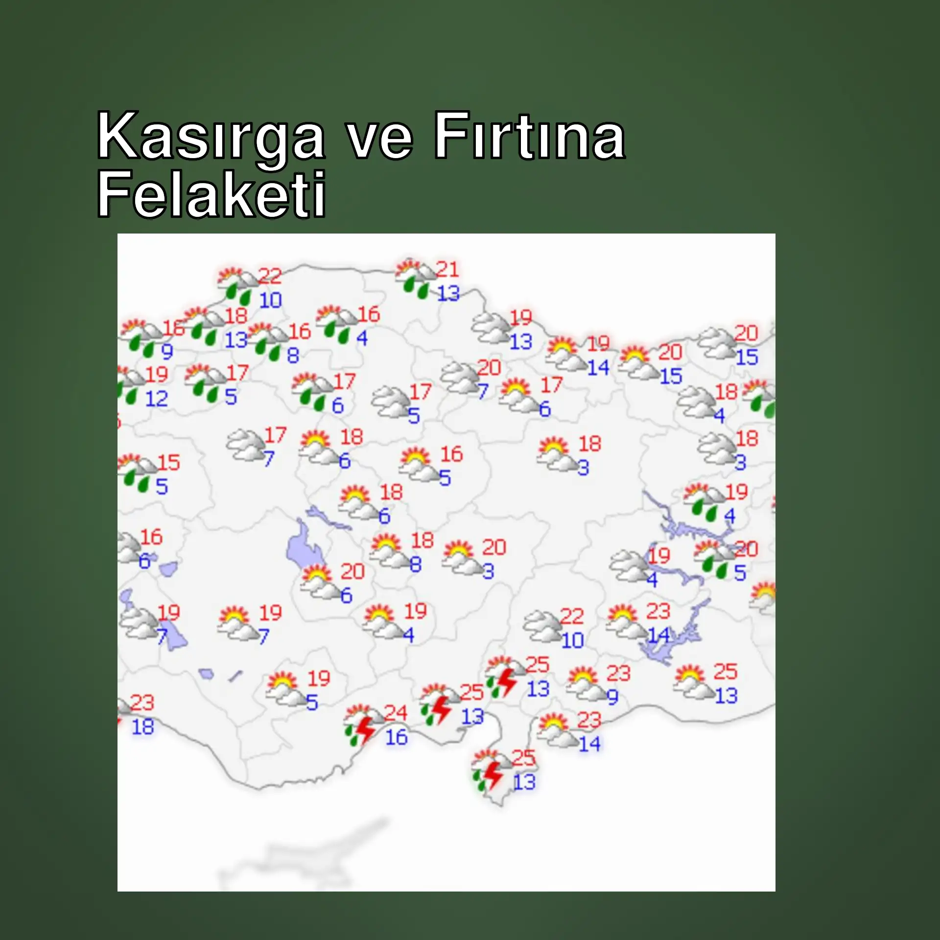 Hava durumu haritası, bulutlar ve yağmur ile.