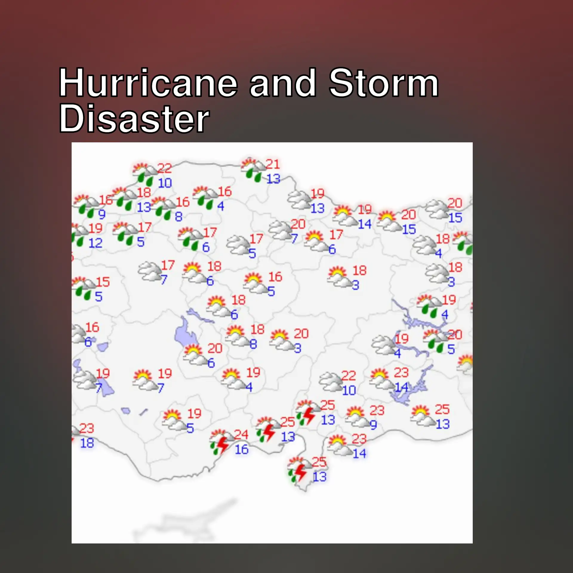 Weather map with clouds and rain.