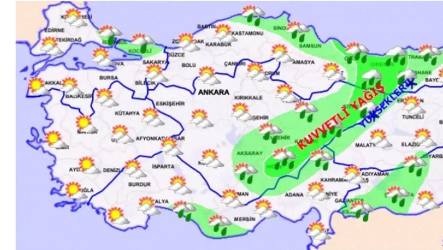 A map of Turkey with weather symbols.