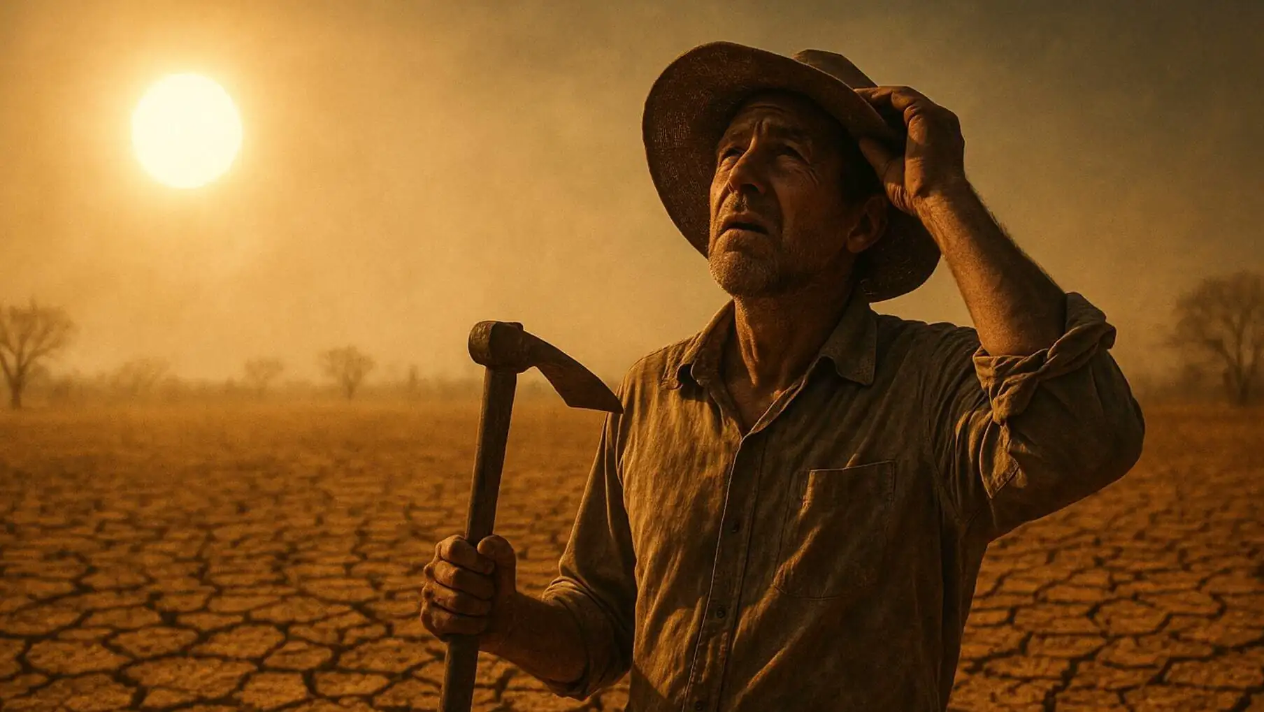 A man holding a hoe in a desert.