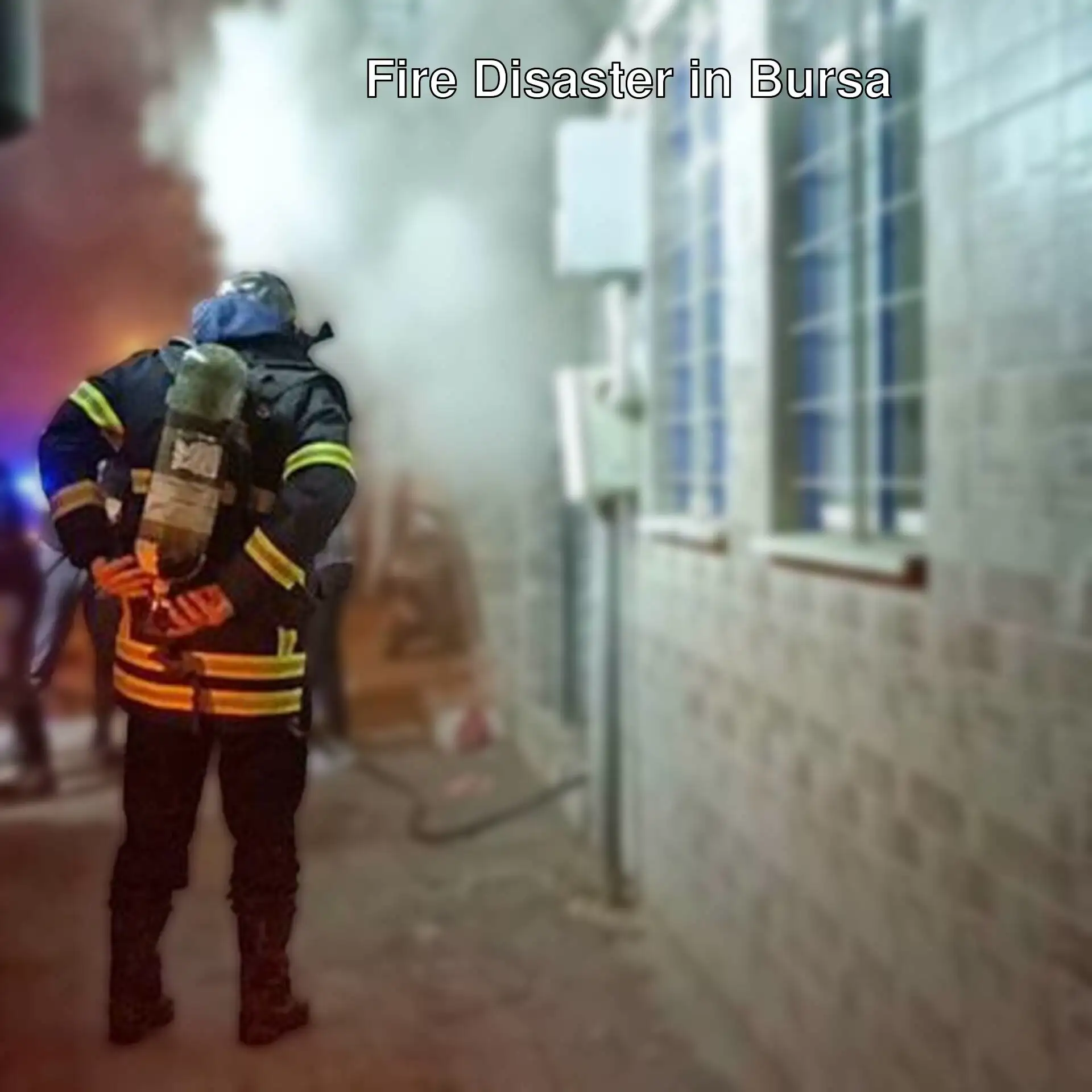 A firefighter standing in front of a building with smoke coming out of it. A firefighter standing in front of a building with smoke coming out of it.
