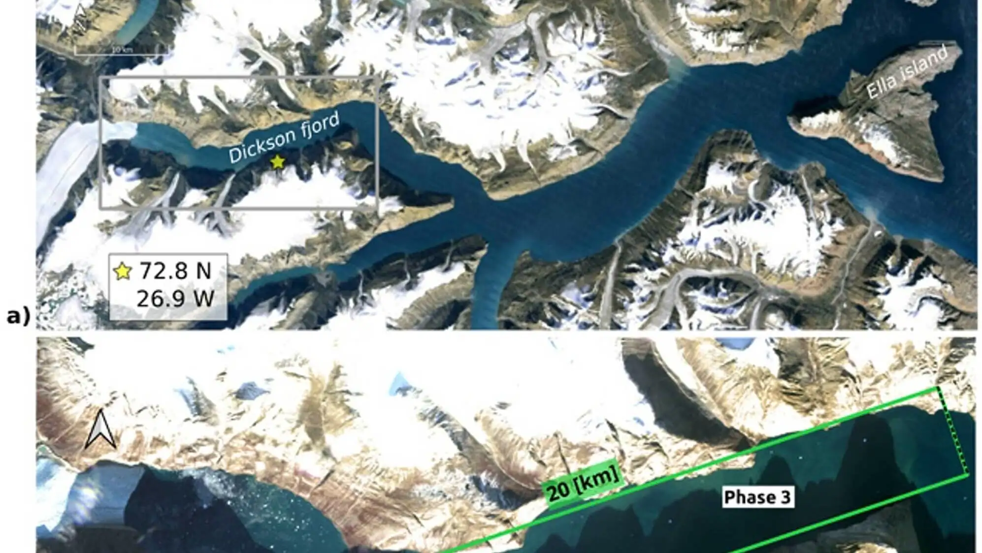 A satellite image comparing a glacier and a body of water.
