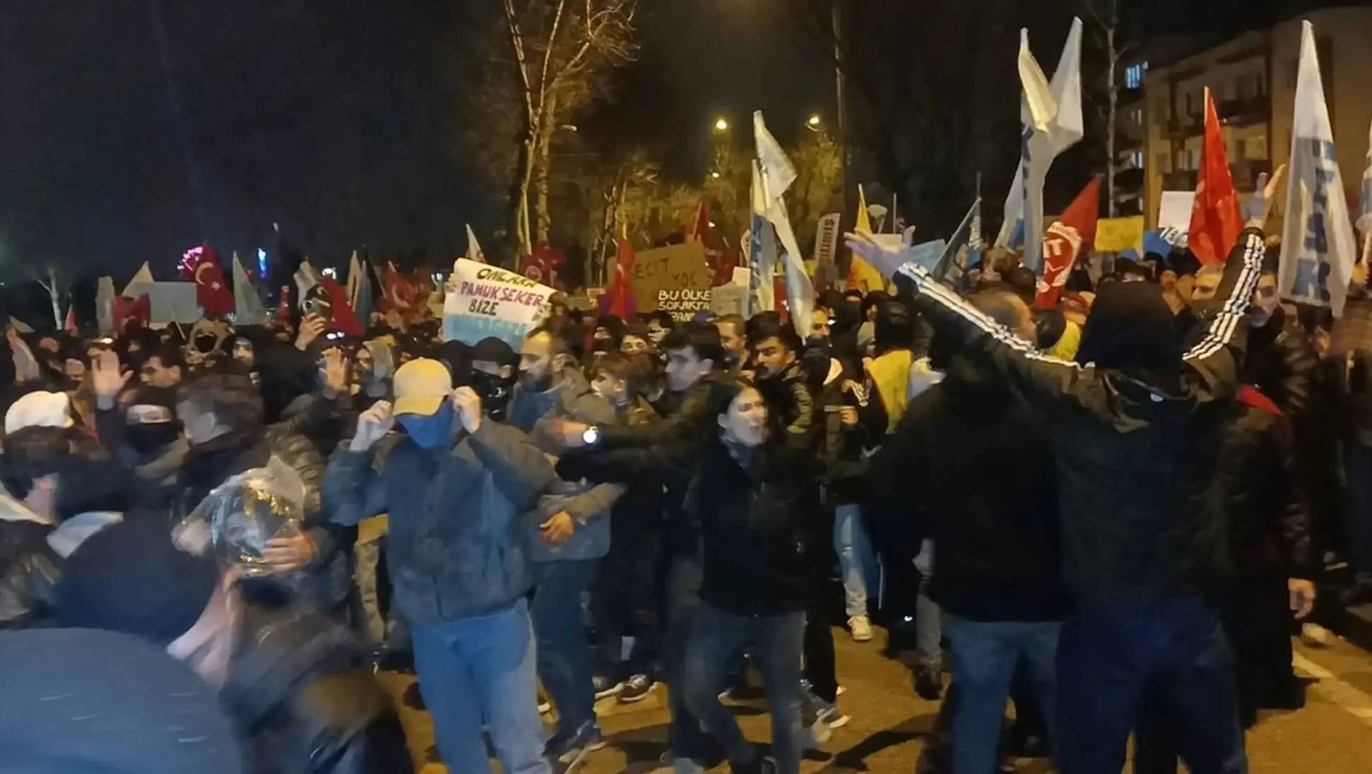Bir grup insan bayraklarla yürüyüş yapıyor.