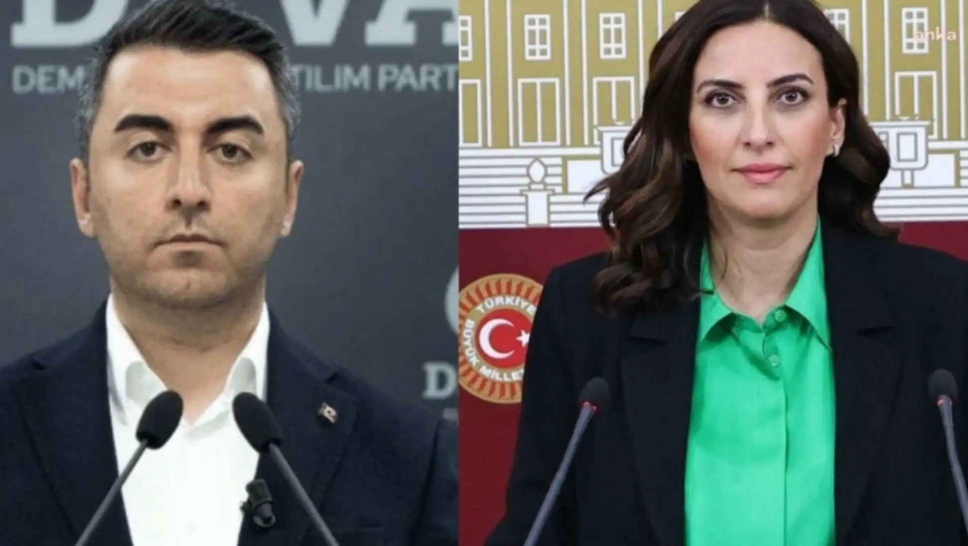 Bir adam ve kadın mikrofonların önünde duruyor. Bir adam ve kadın mikrofonların önünde duruyor.